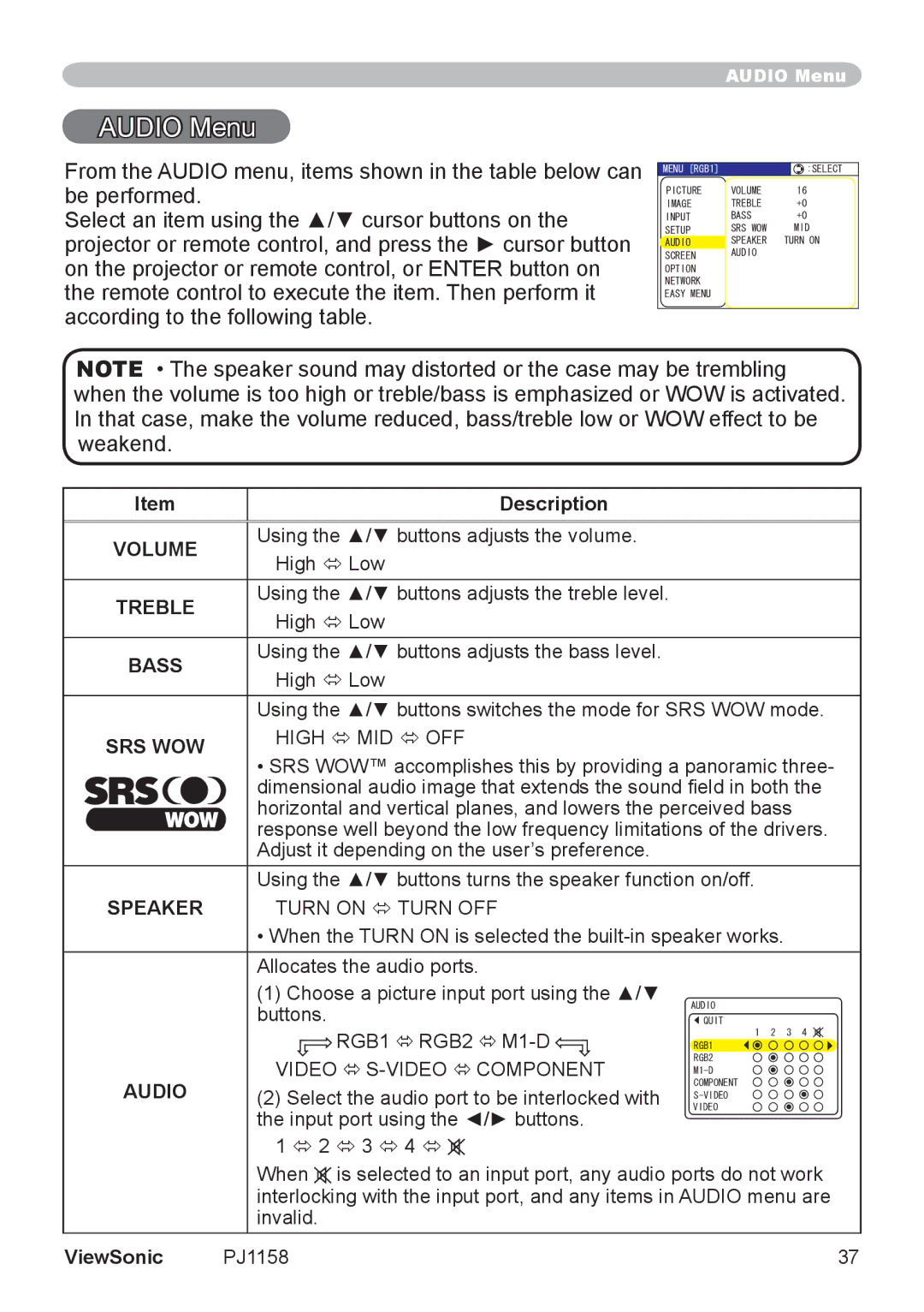 ViewSonic PJ1158 manual Audio Menu 