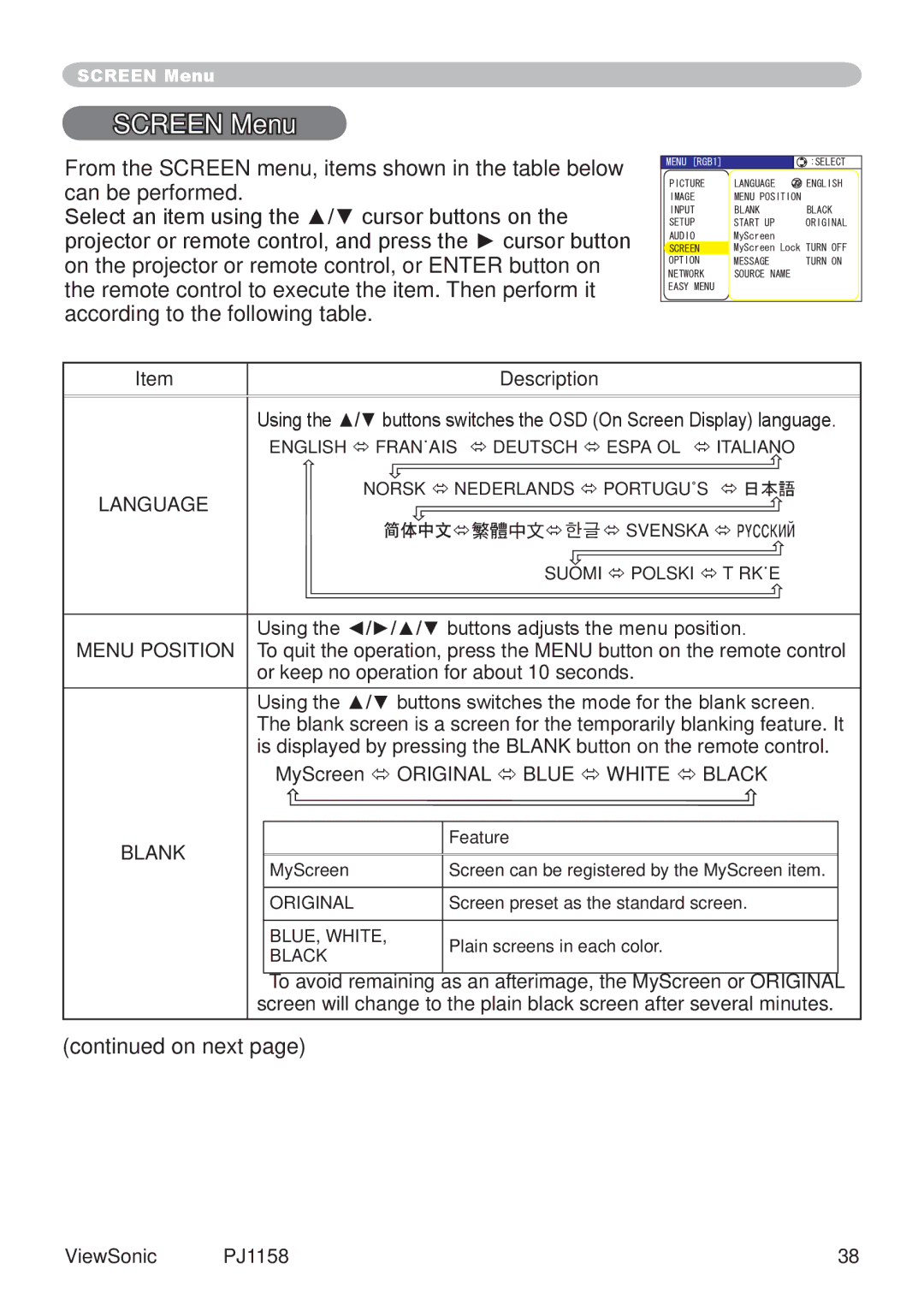 ViewSonic PJ1158 manual Screen Menu, Blank 