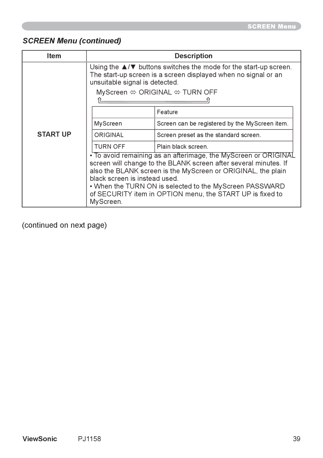 ViewSonic PJ1158 manual Screen Menu, Start UP 