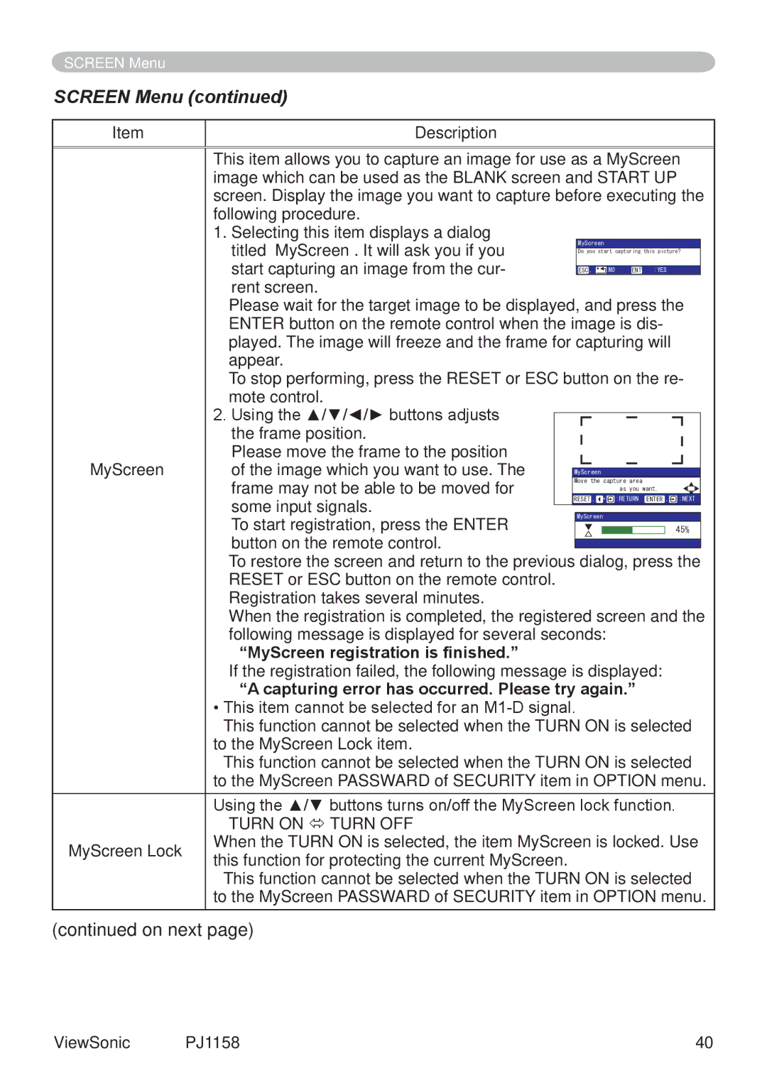 ViewSonic PJ1158 MyScreen registration is finished, Capturing error has occurred. Please try again, MyScreen Lock 