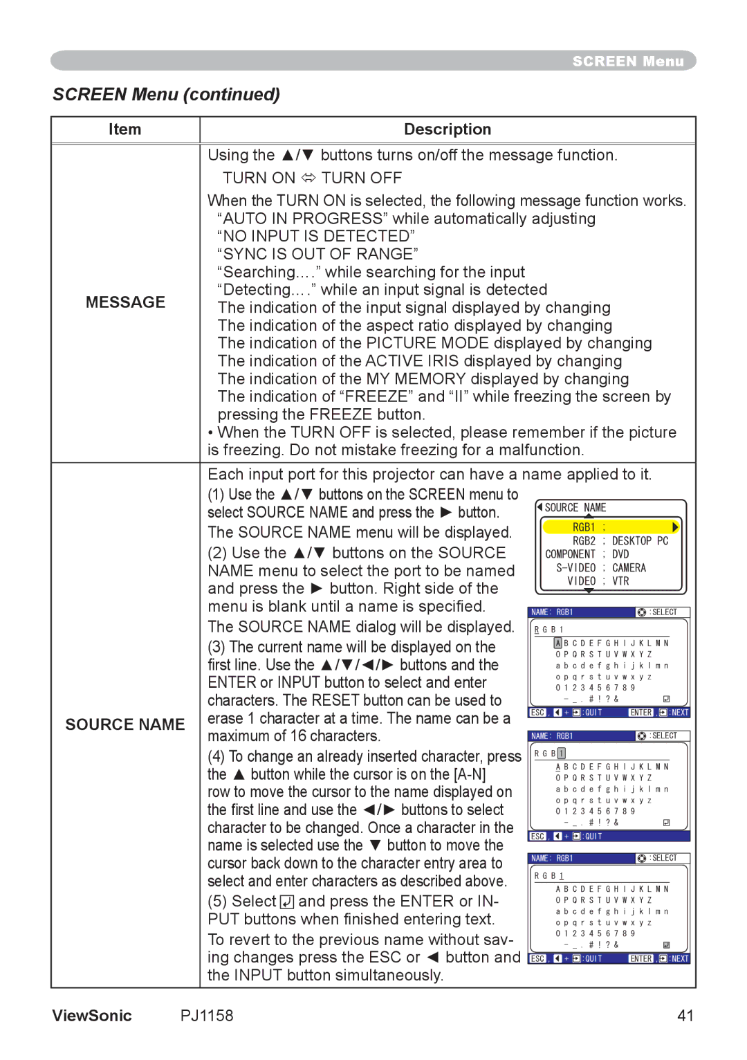 ViewSonic PJ1158 manual Message, Source Name 