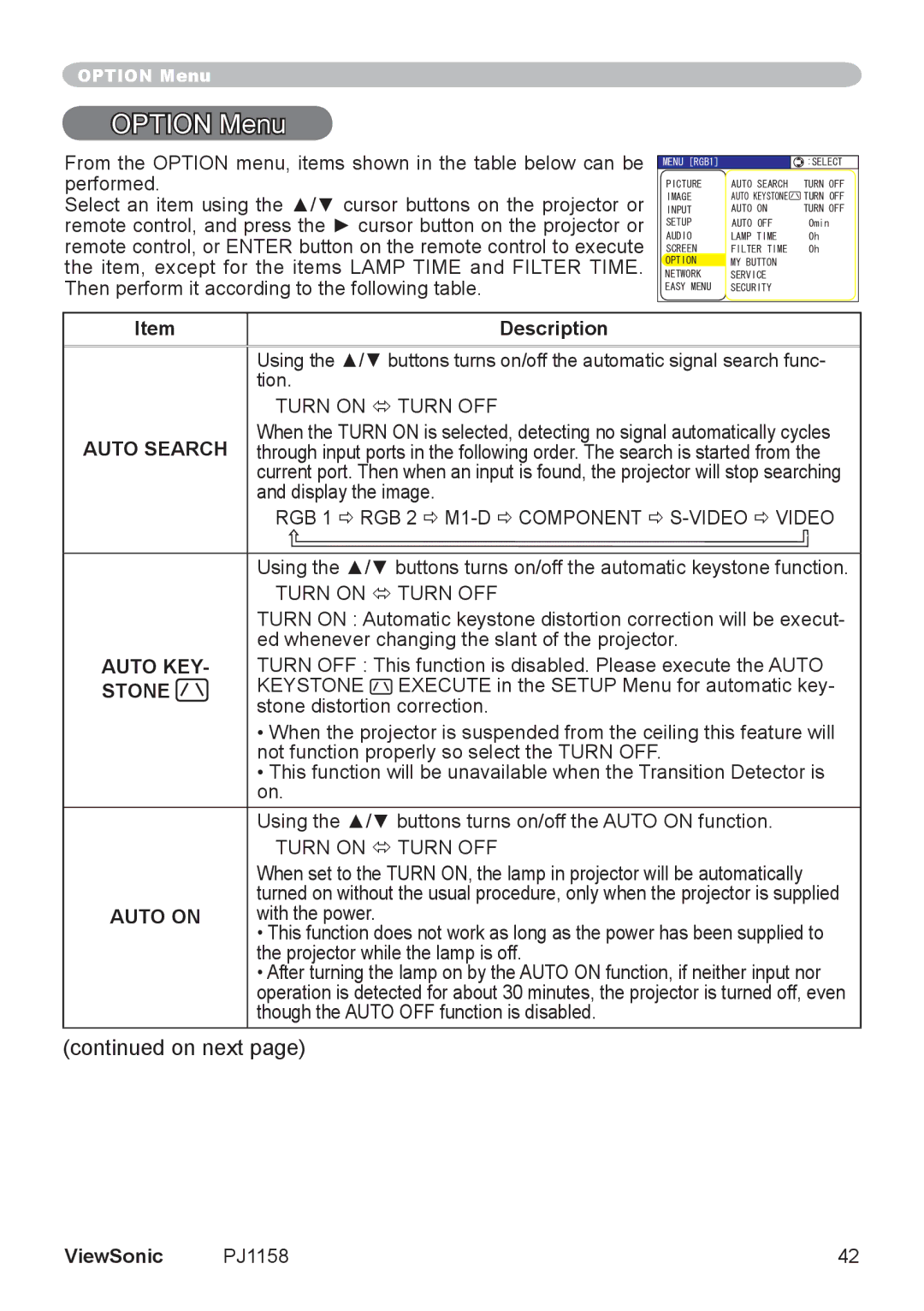 ViewSonic PJ1158 manual Option Menu, Auto Search, Auto on 