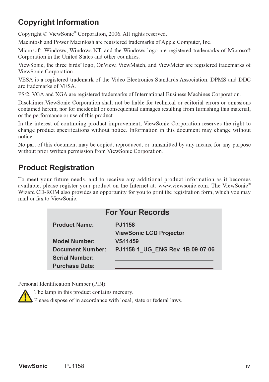 ViewSonic PJ1158 manual Copyright Information, Product Registration For Your Records 