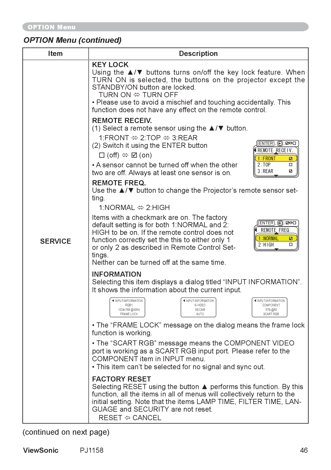 ViewSonic PJ1158 manual KEY Lock, Remote Receiv, Remote Freq, Information, Factory Reset 