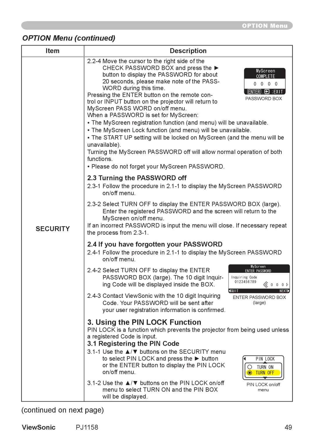 ViewSonic PJ1158 manual Using the PIN Lock Function, Turning the Password off, Registering the PIN Code 