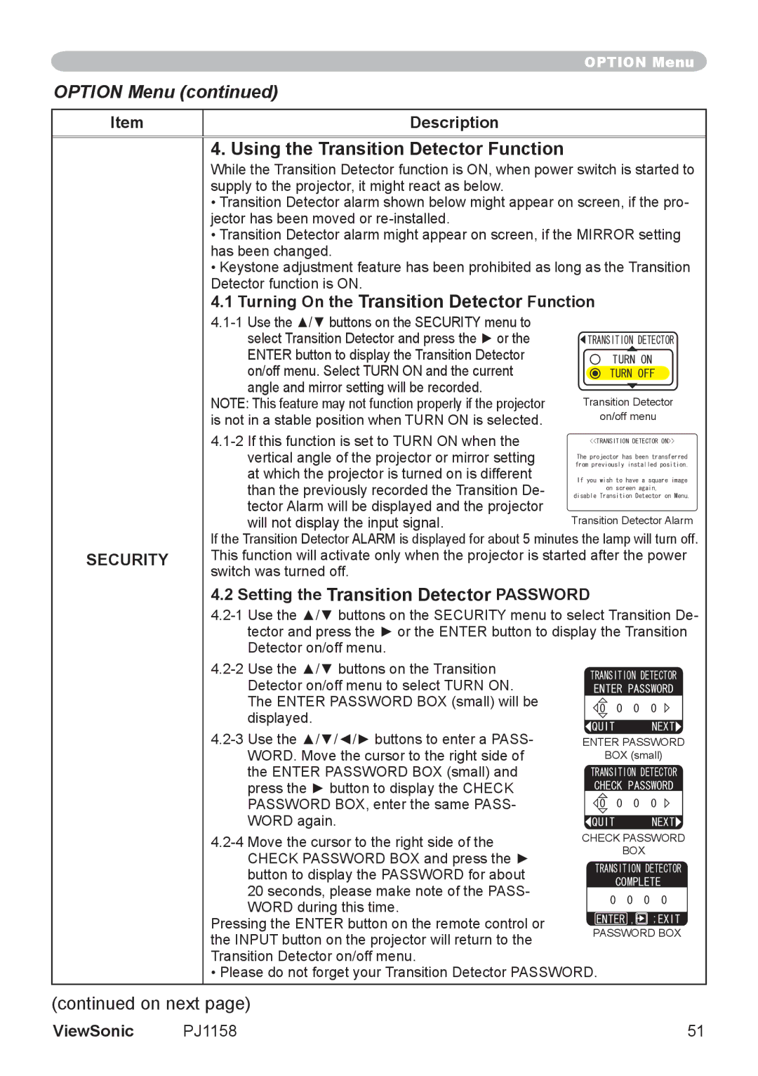 ViewSonic PJ1158 manual Using the Transition Detector Function, Turning On the Transition Detector Function 