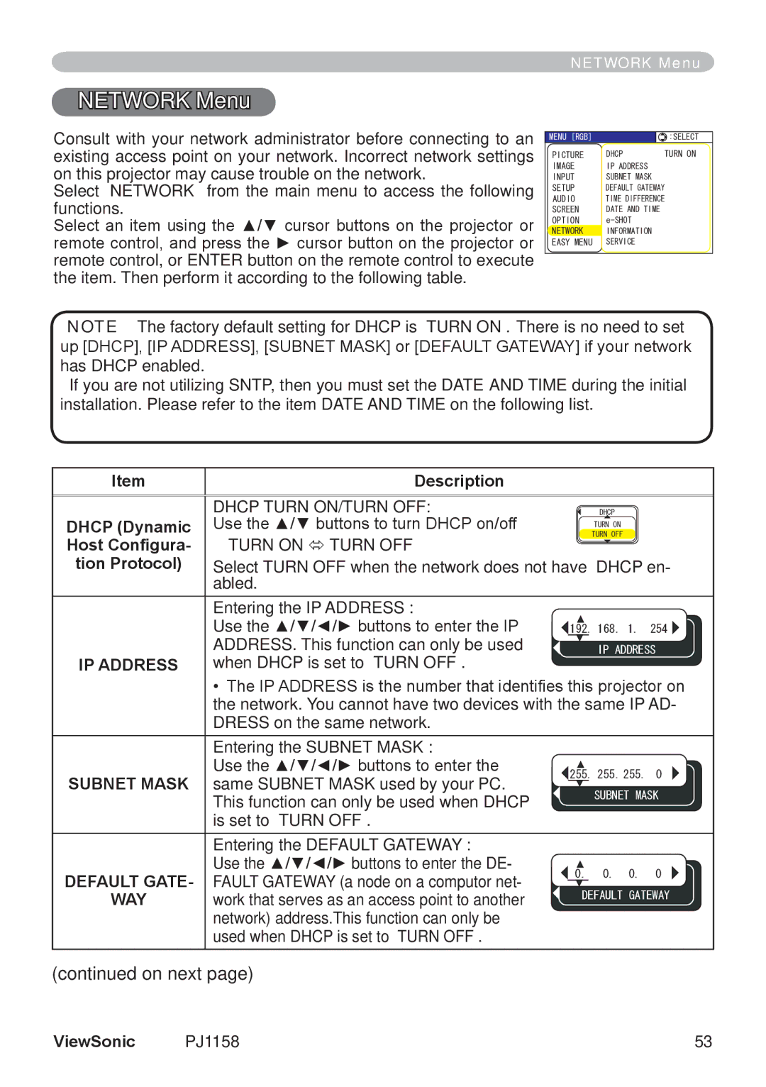 ViewSonic PJ1158 manual Network Menu, IP Address, Subnet Mask, Default Gate 