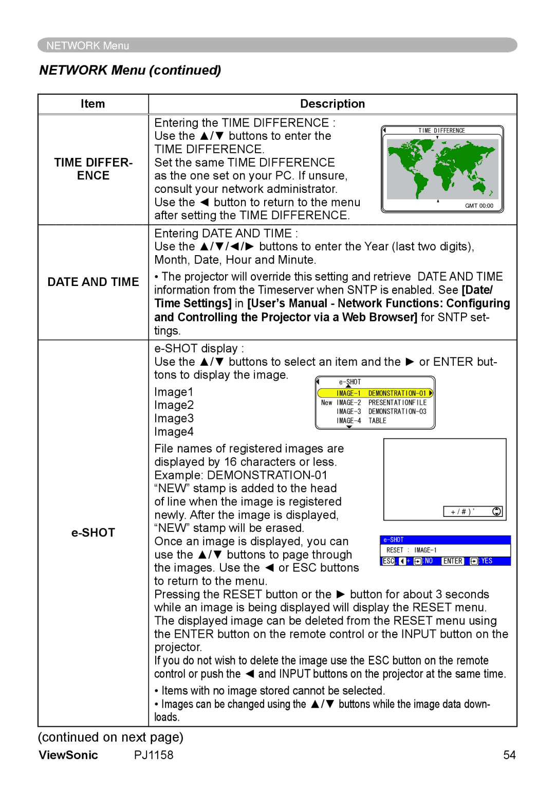 ViewSonic PJ1158 manual Network Menu, Controlling the Projector via a Web Browser for Sntp set 