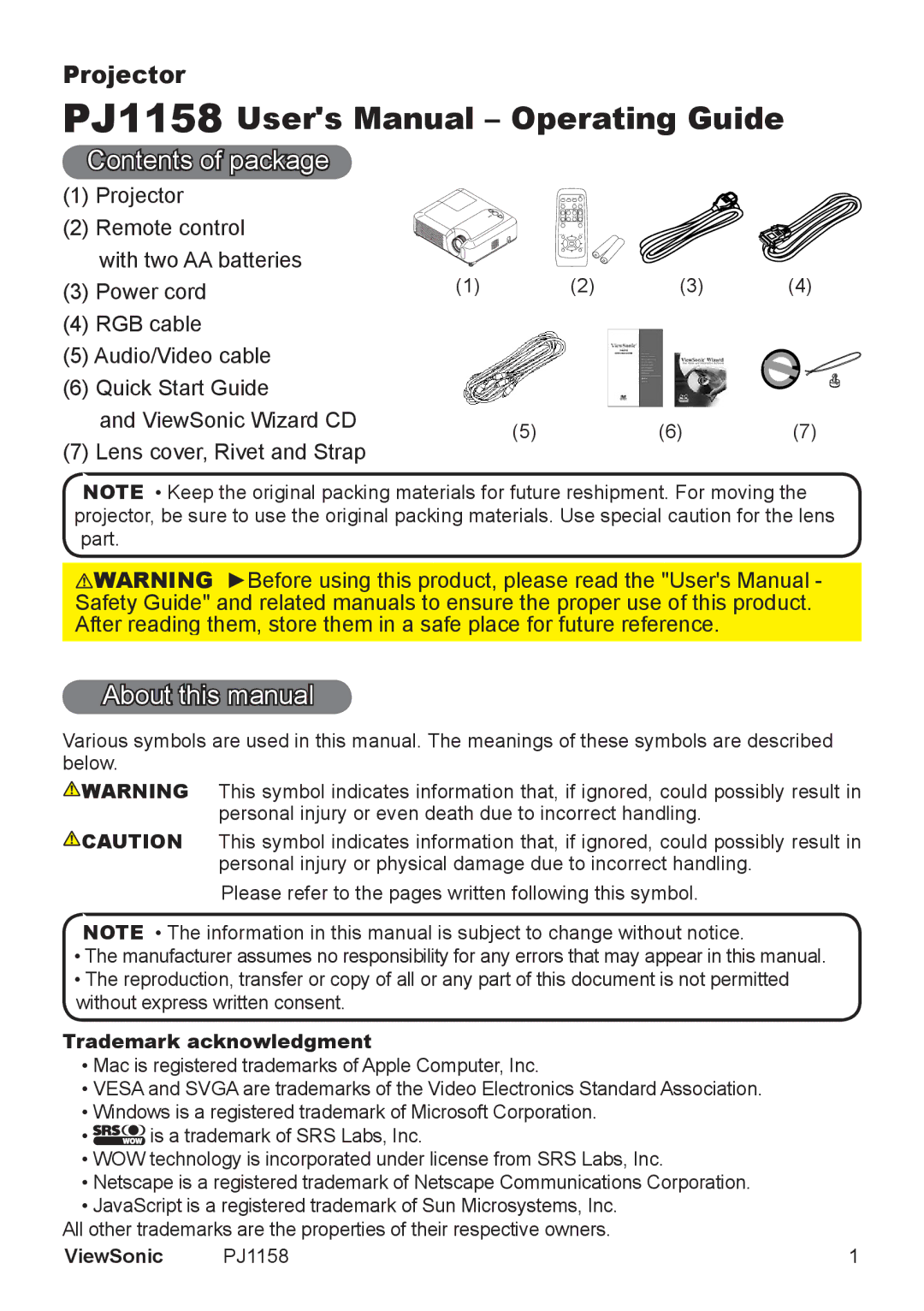 ViewSonic PJ1158 Contents of package, About this manual 