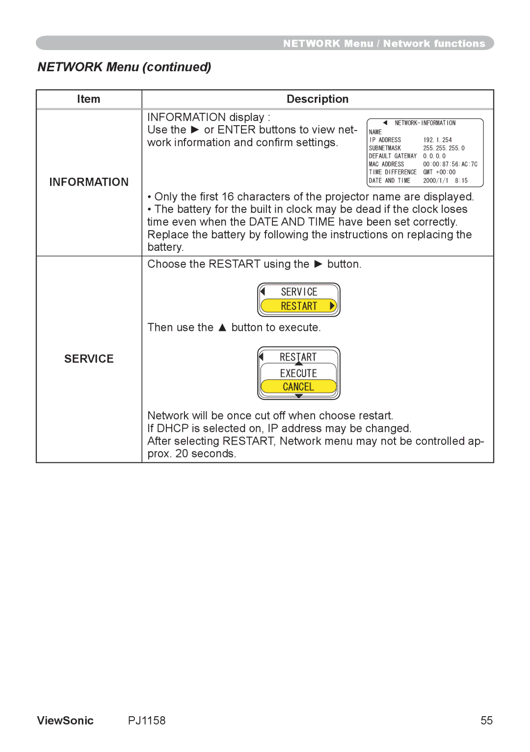 ViewSonic PJ1158 manual Information display Use the or Enter buttons to view net, Work information and confirm settings 