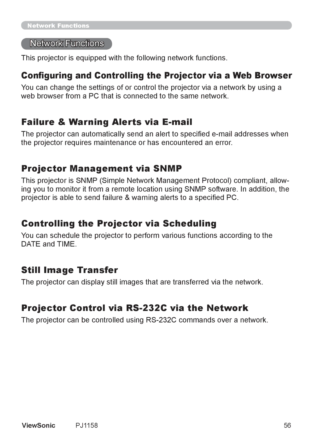 ViewSonic PJ1158 manual Failure & Warning Alerts via E-mail, Projector Management via Snmp, Still Image Transfer 