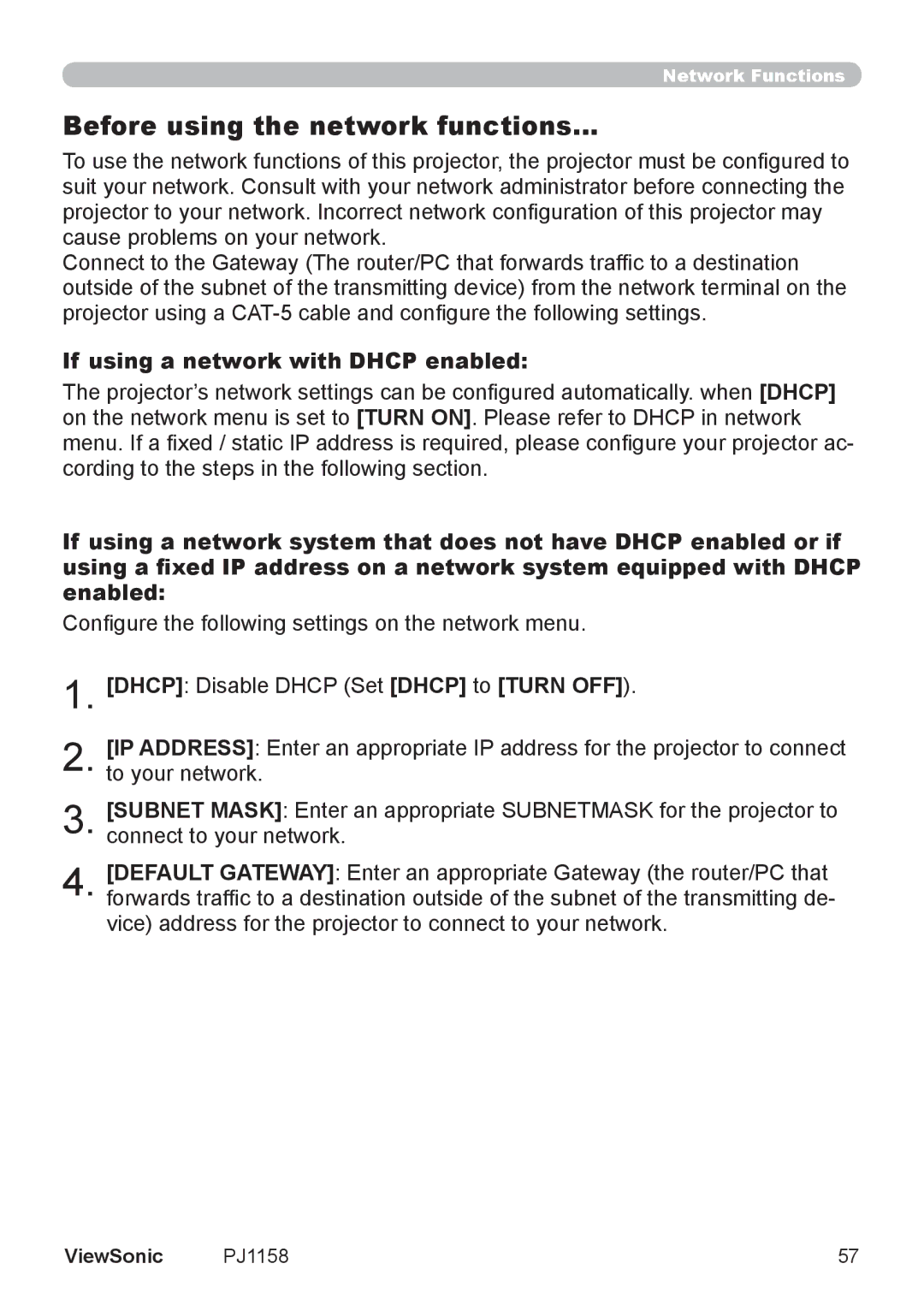 ViewSonic PJ1158 manual Before using the network functions…, If using a network with Dhcp enabled 