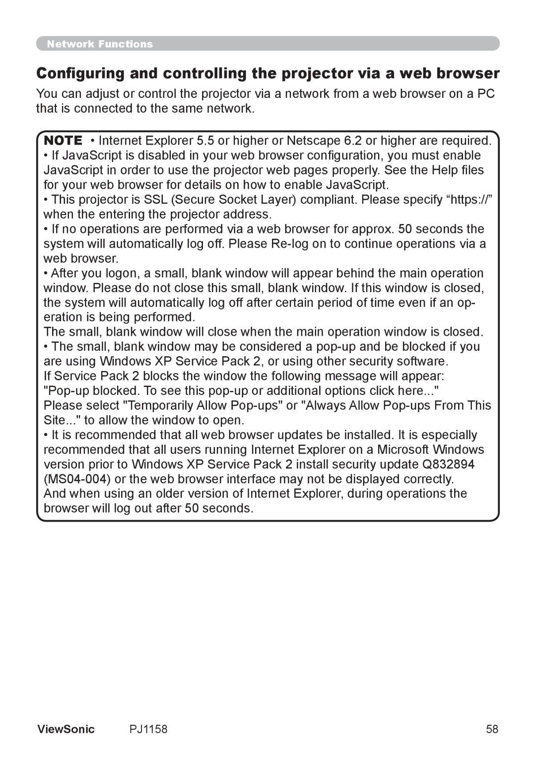 ViewSonic PJ1158 manual Configuring and controlling the projector via a web browser 