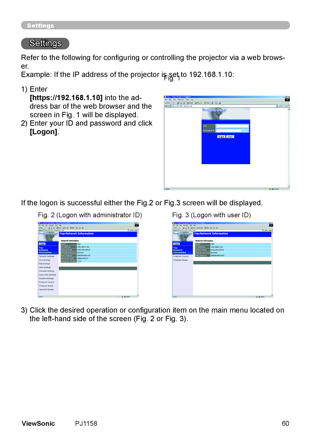 ViewSonic PJ1158 manual Settings, Logon with administrator ID 