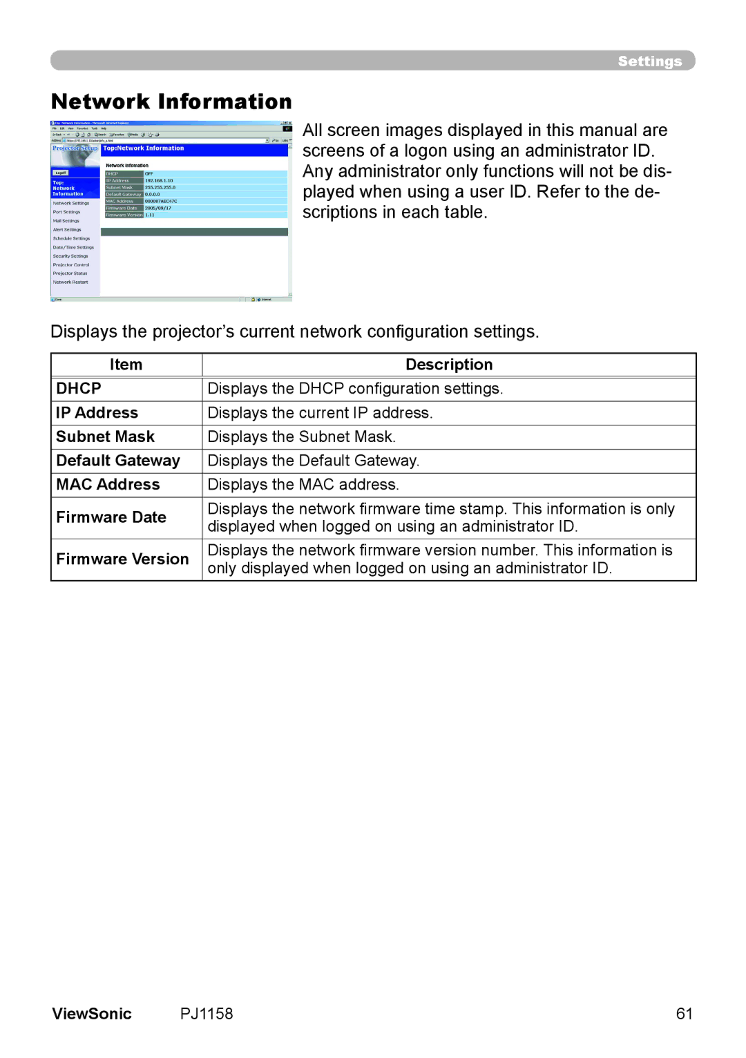 ViewSonic PJ1158 manual Network Information, Displays the Dhcp configuration settings 