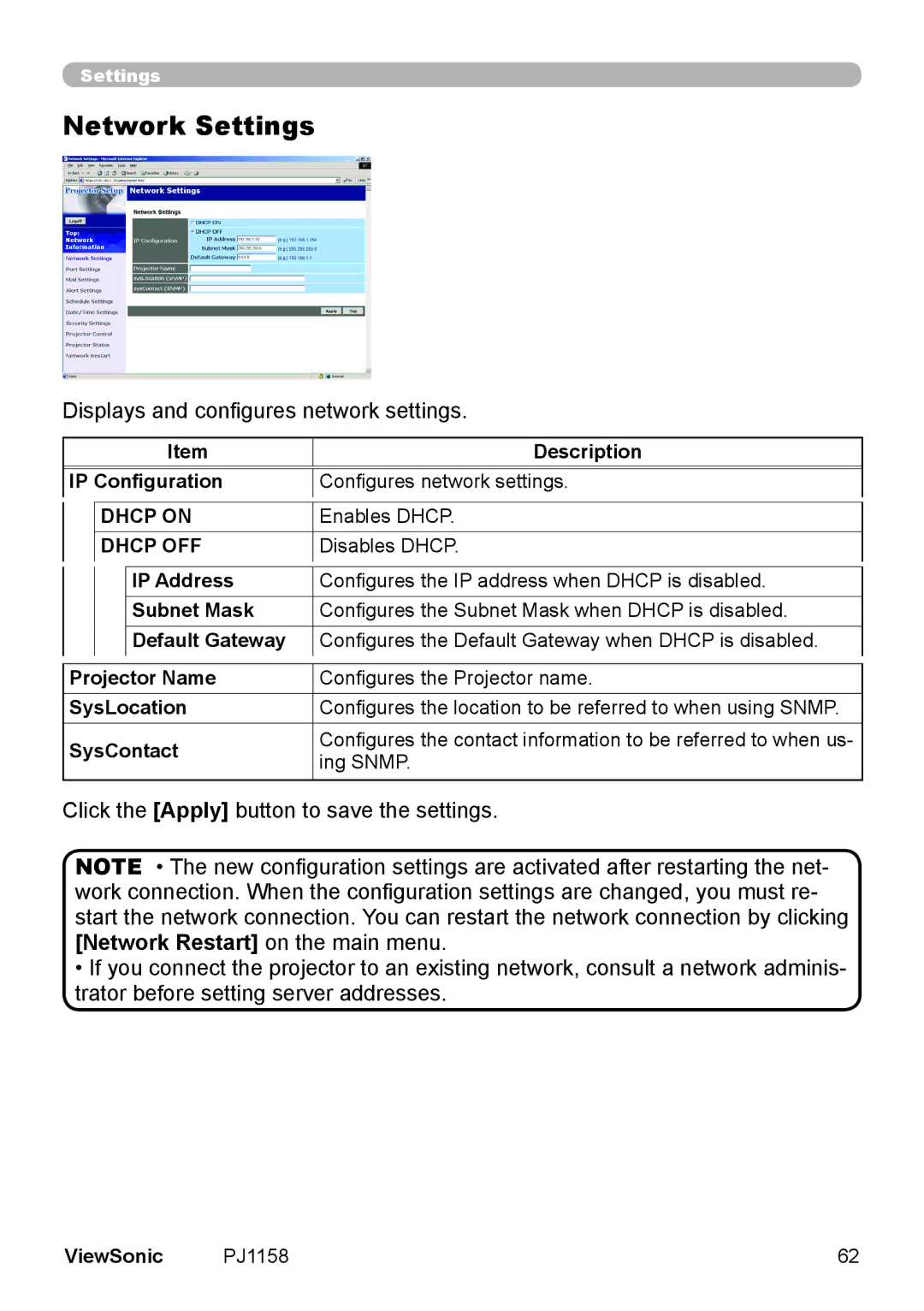 ViewSonic PJ1158 manual Network Settings, Dhcp on, Dhcp OFF 