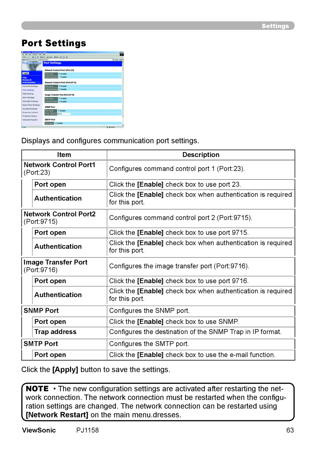 ViewSonic PJ1158 manual Port Settings 