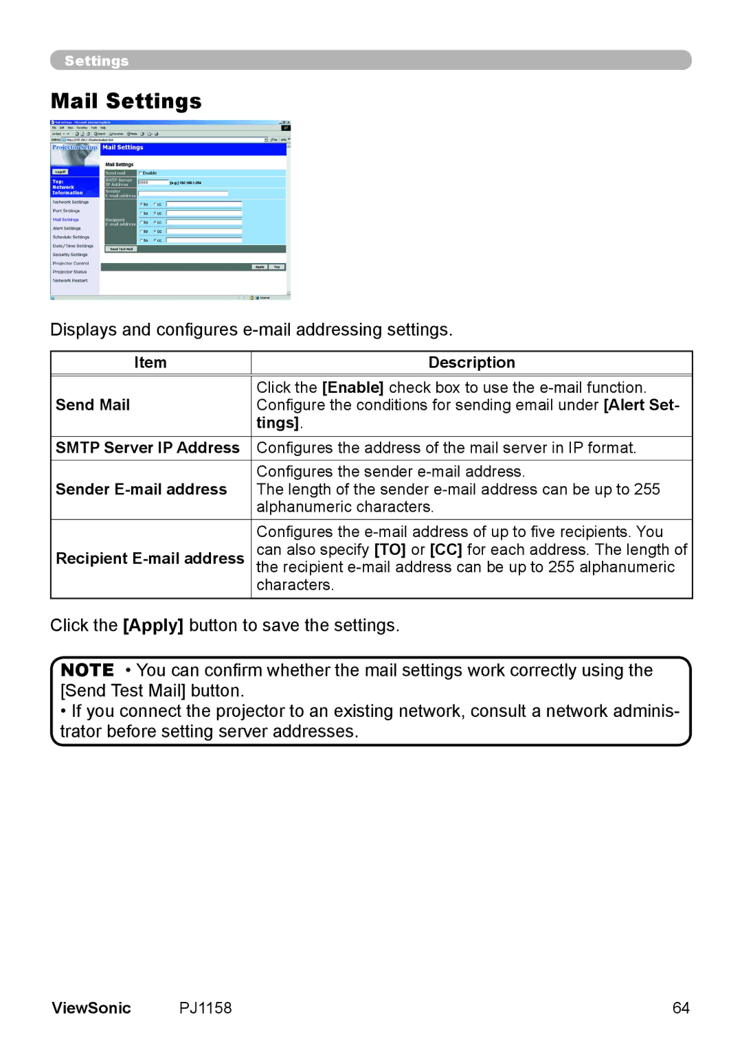 ViewSonic PJ1158 manual Mail Settings 