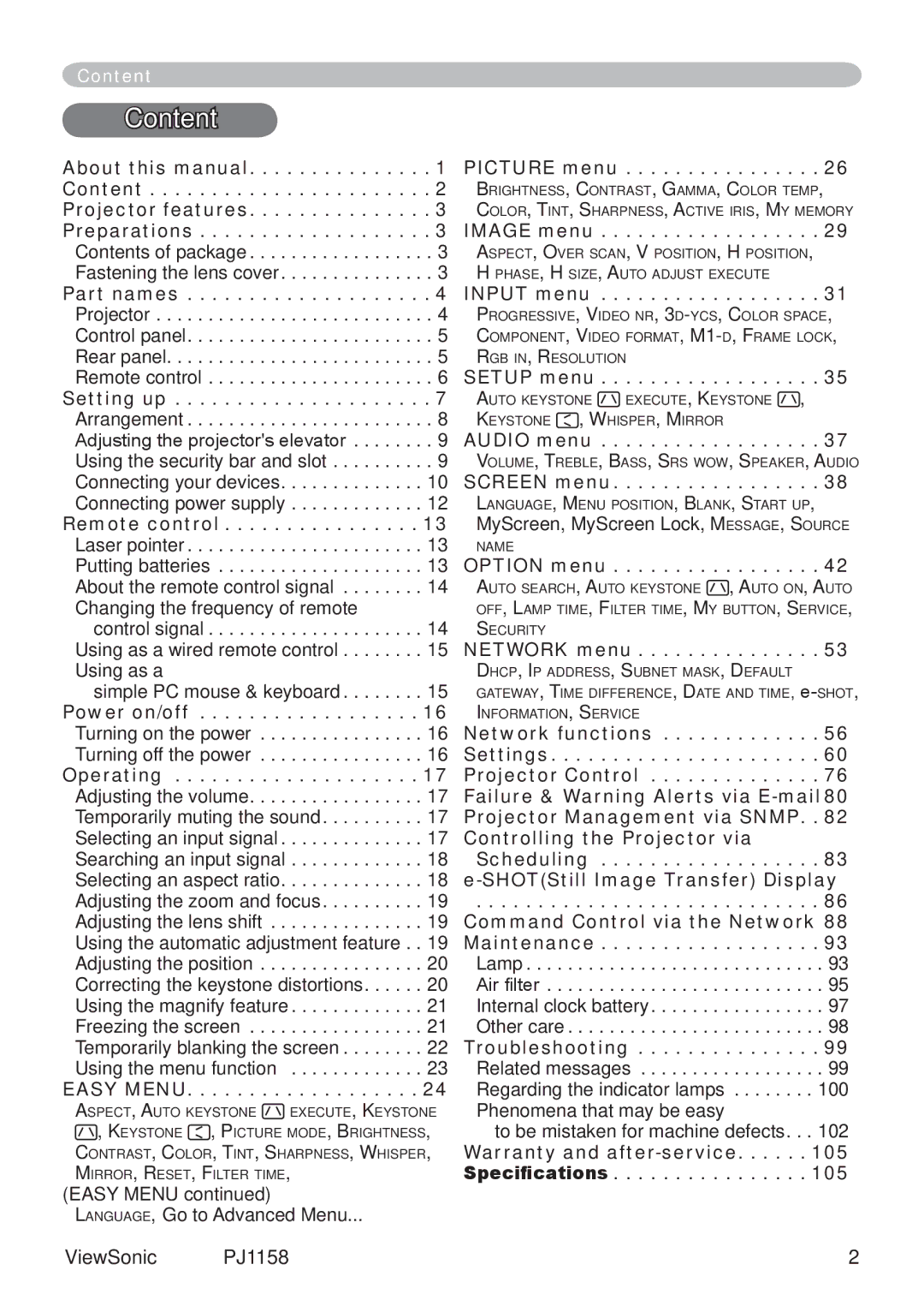 ViewSonic PJ1158 manual Content, Preparations 