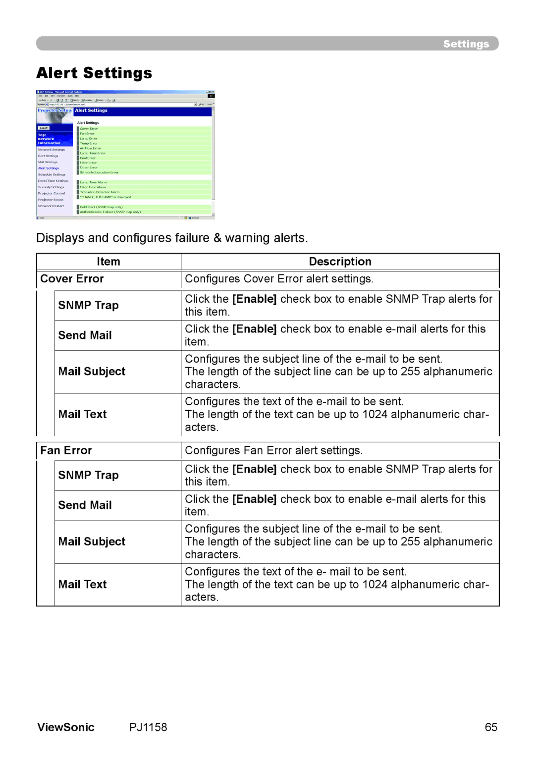 ViewSonic PJ1158 manual Alert Settings 