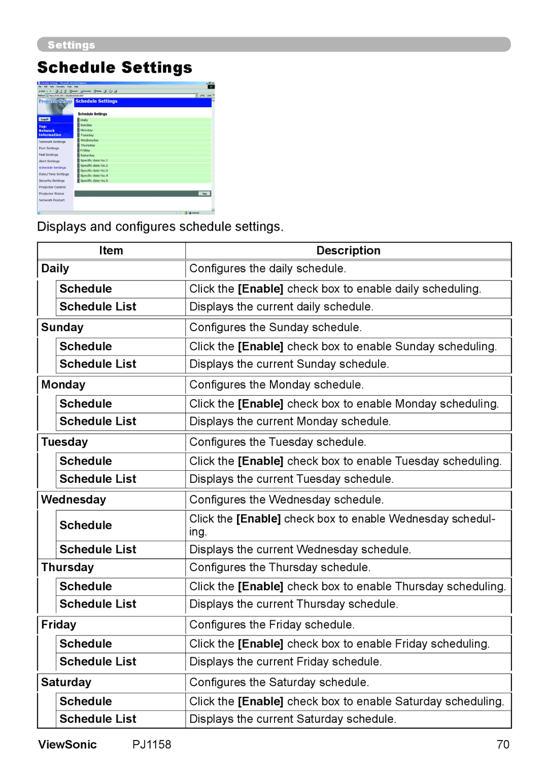 ViewSonic PJ1158 manual Schedule Settings, Displays and configures schedule settings 