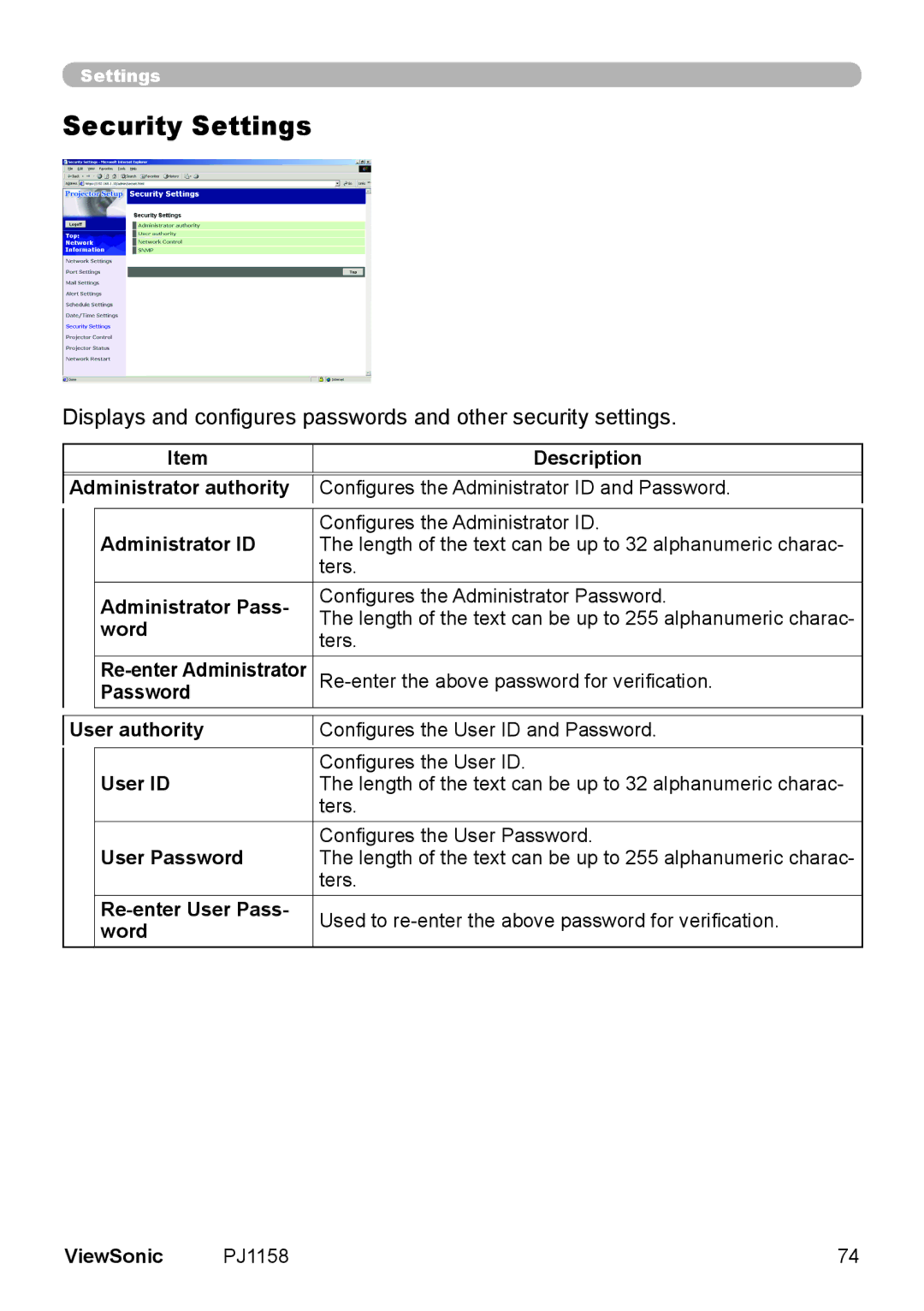 ViewSonic PJ1158 manual Security Settings 