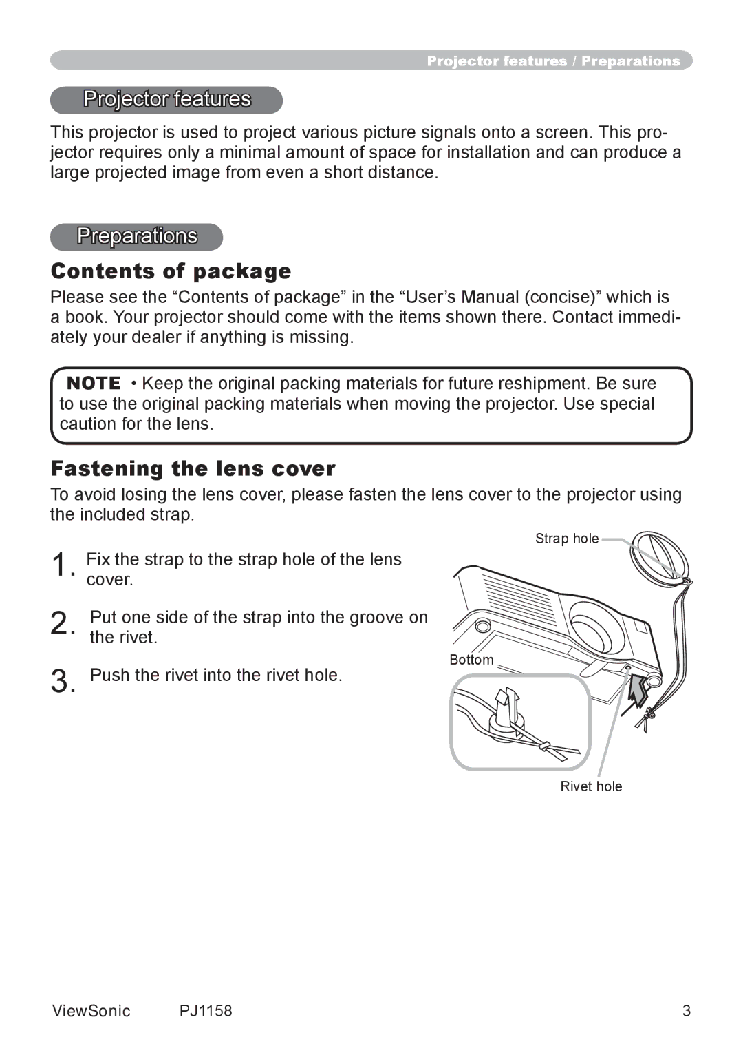 ViewSonic PJ1158 manual Contents of package, Fastening the lens cover 