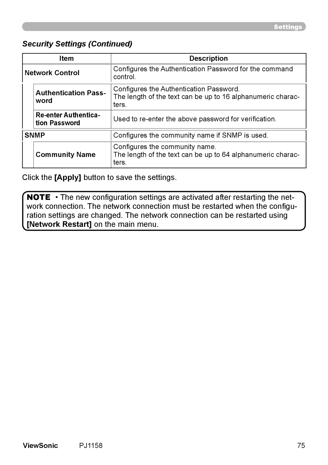 ViewSonic PJ1158 manual Security Settings, Snmp 