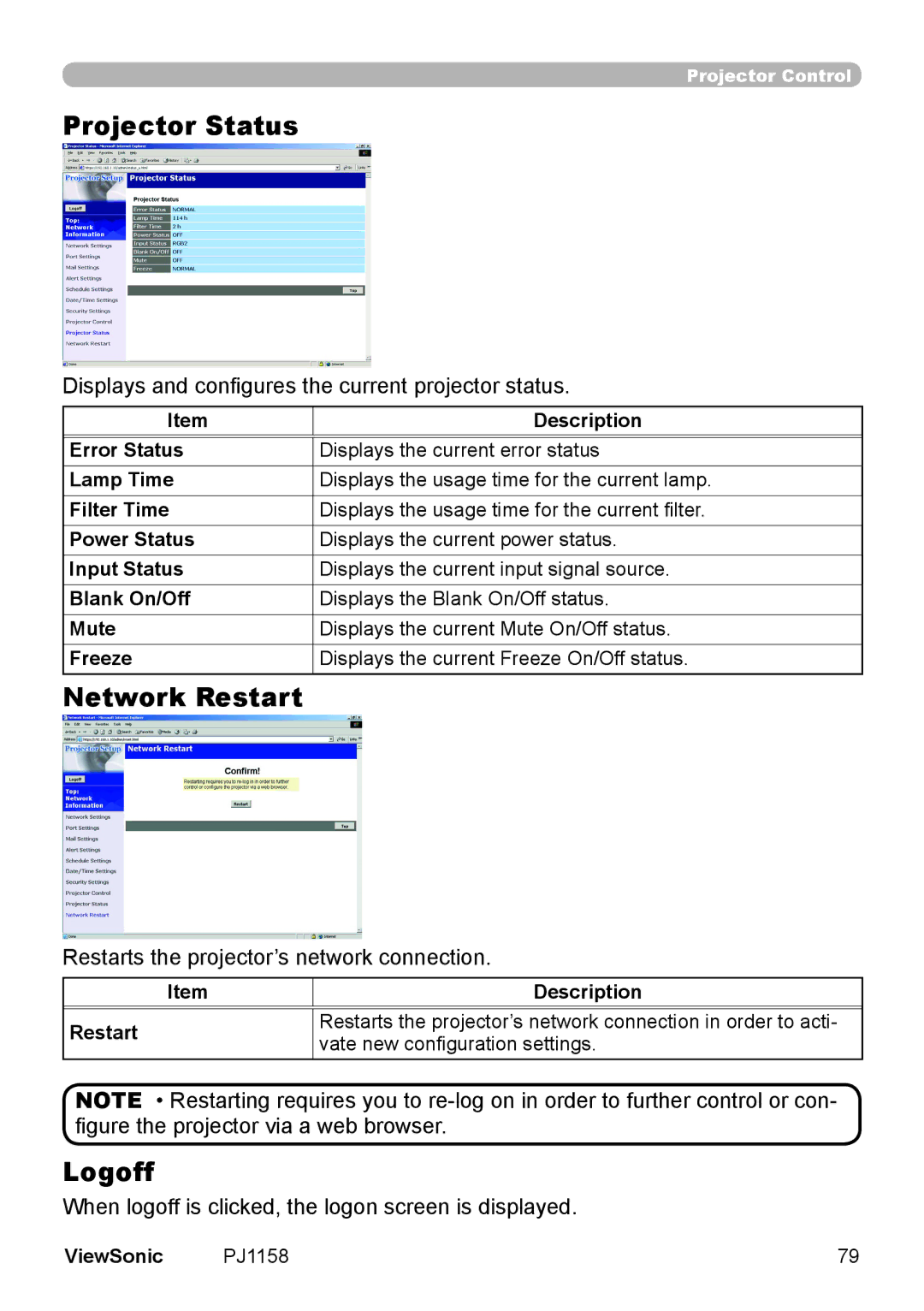 ViewSonic PJ1158 manual Projector Status, Network Restart, Logoff, Description Restart 