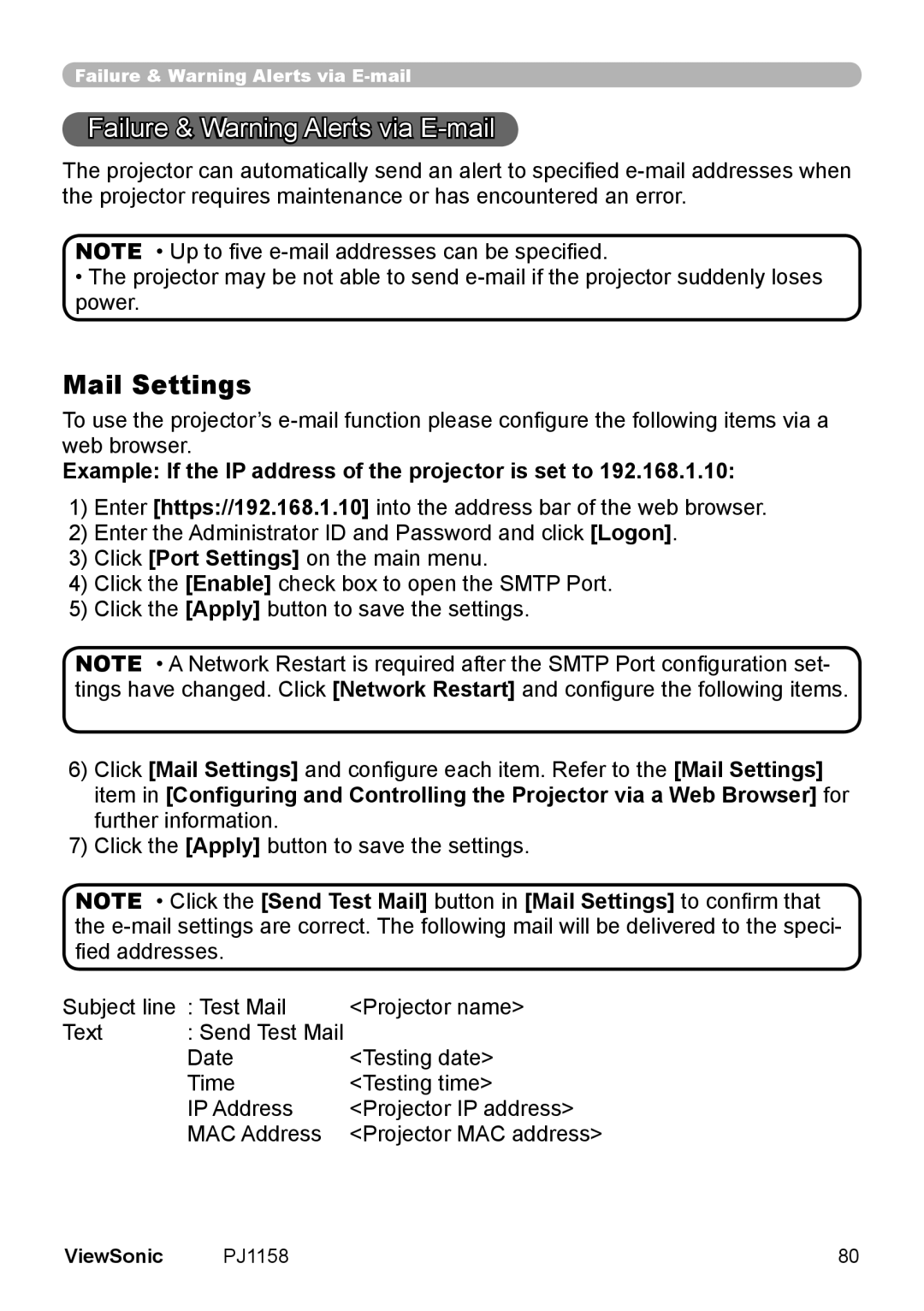 ViewSonic PJ1158 manual Failure & Warning Alerts via E -mail, Example If the IP address of the projector is set to 