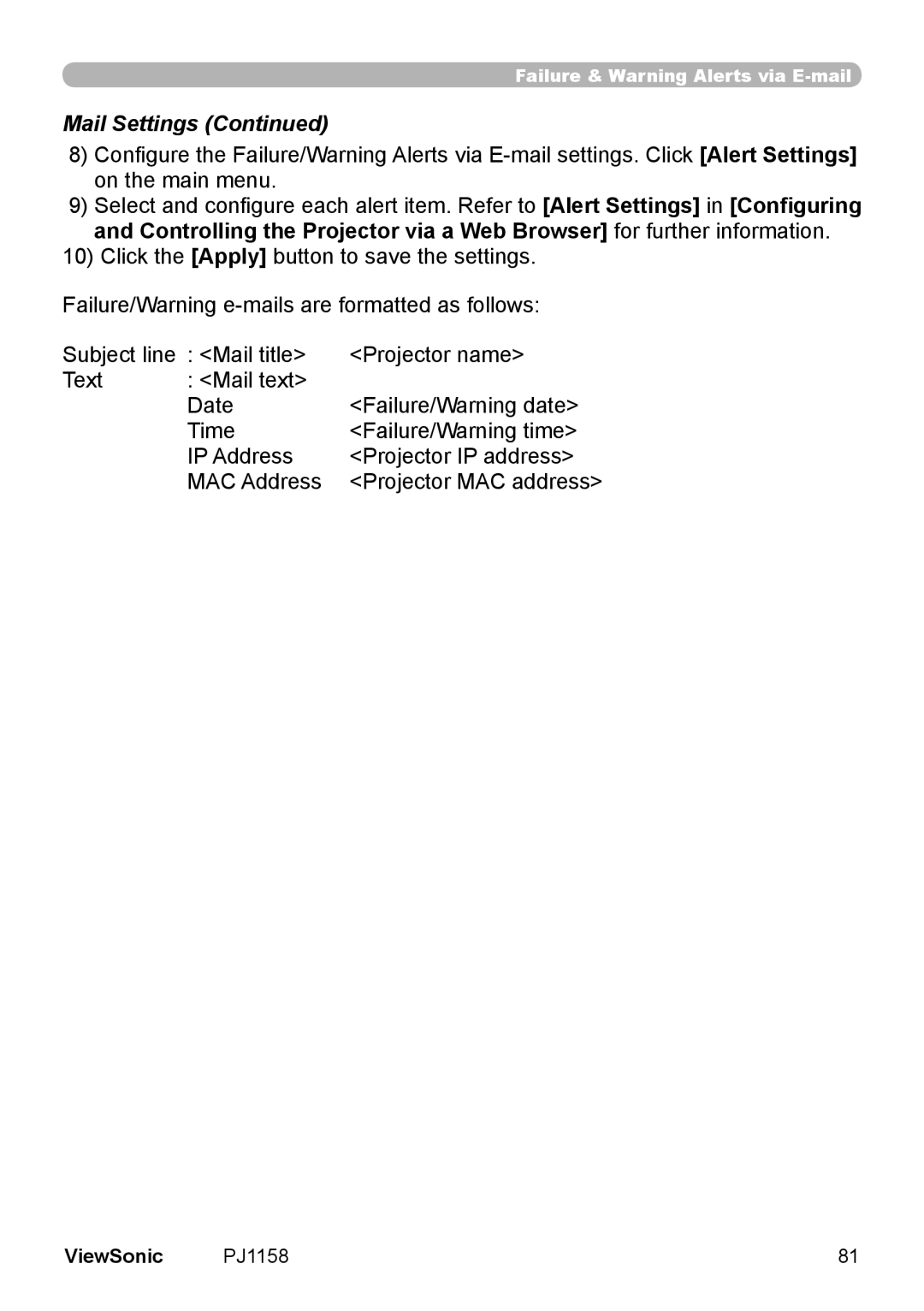 ViewSonic PJ1158 manual Mail Settings 