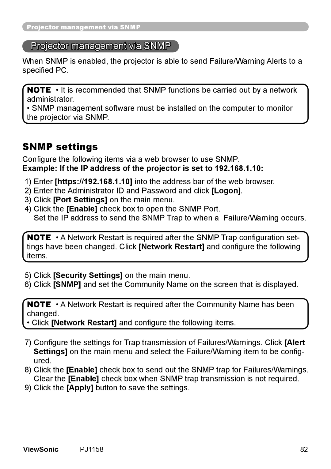 ViewSonic PJ1158 manual Projector management via Snmp, Snmp settings 