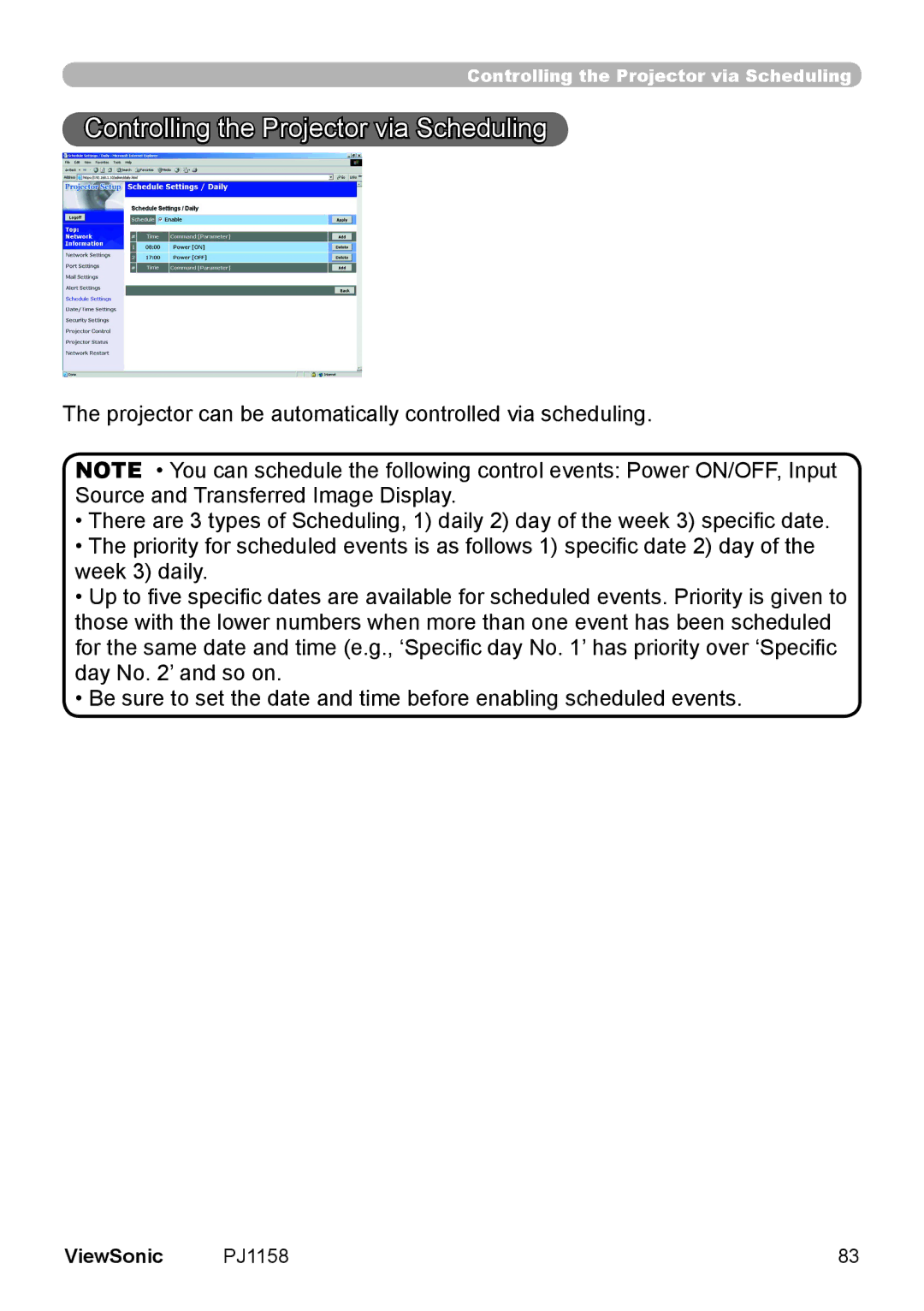 ViewSonic PJ1158 manual Controlling the Projector via Scheduling 