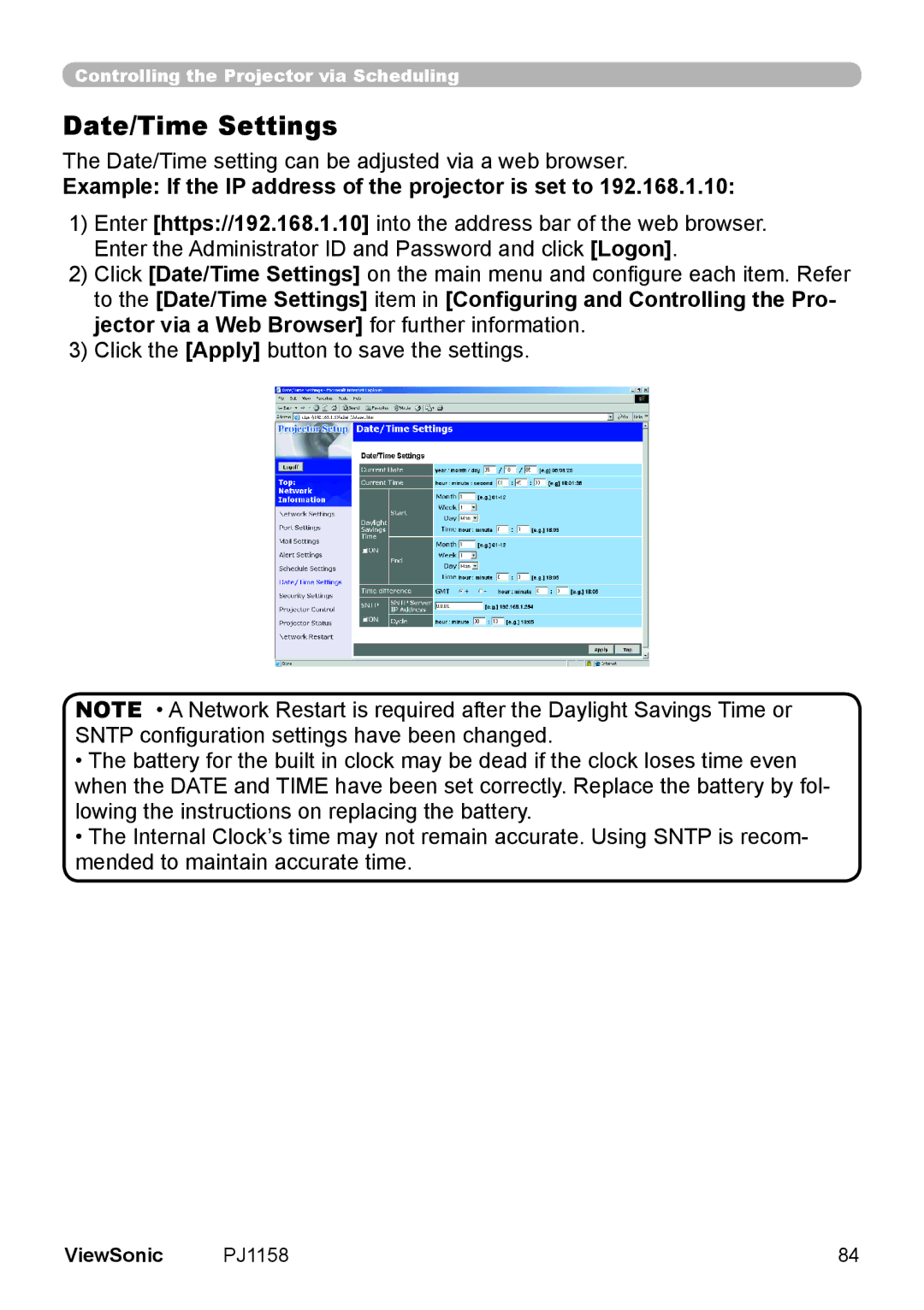 ViewSonic PJ1158 manual Date/Time setting can be adjusted via a web browser 