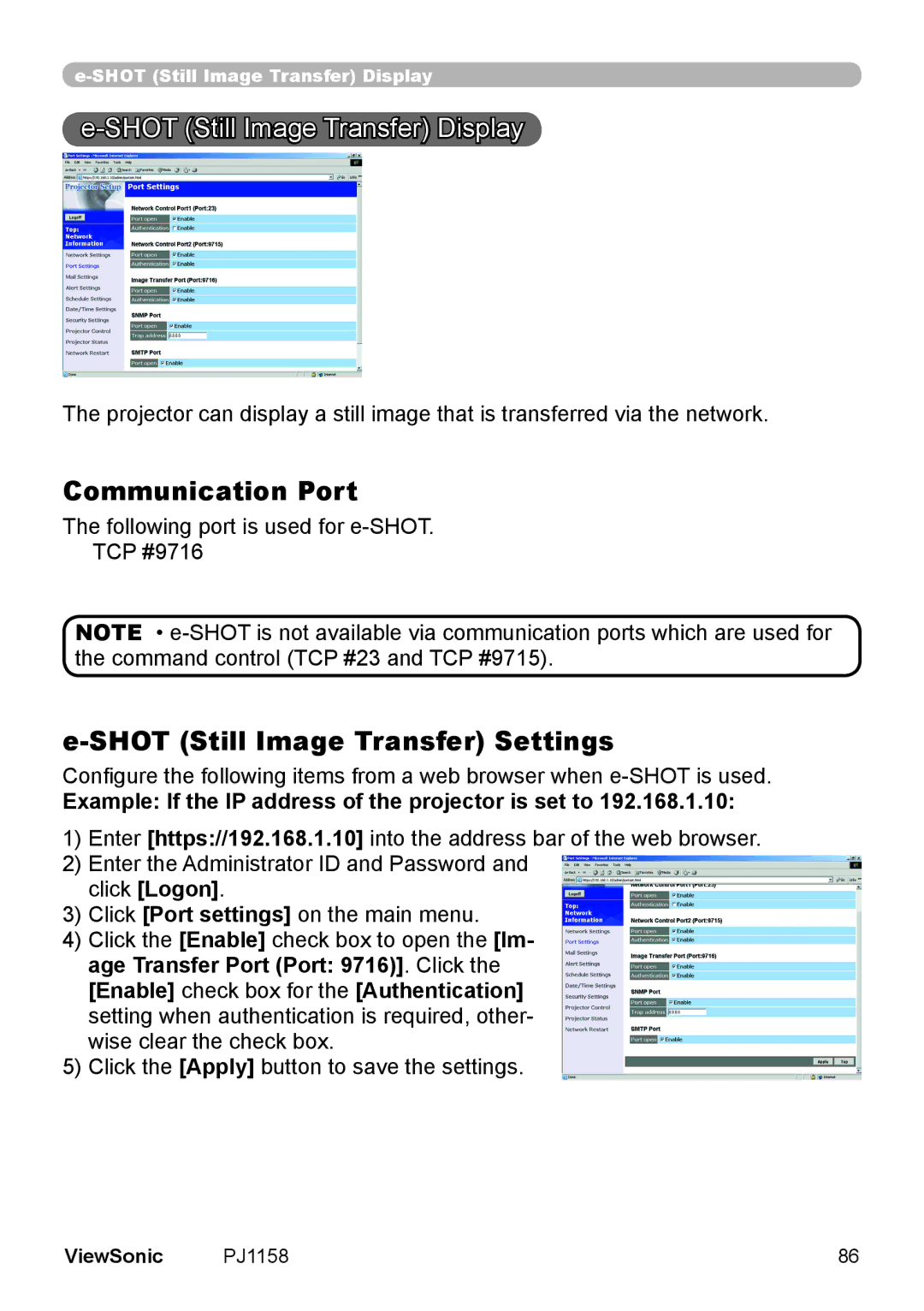 ViewSonic PJ1158 manual Shot Still Image Transfer Display, Communication Port, Shot Still Image Transfer Settings 