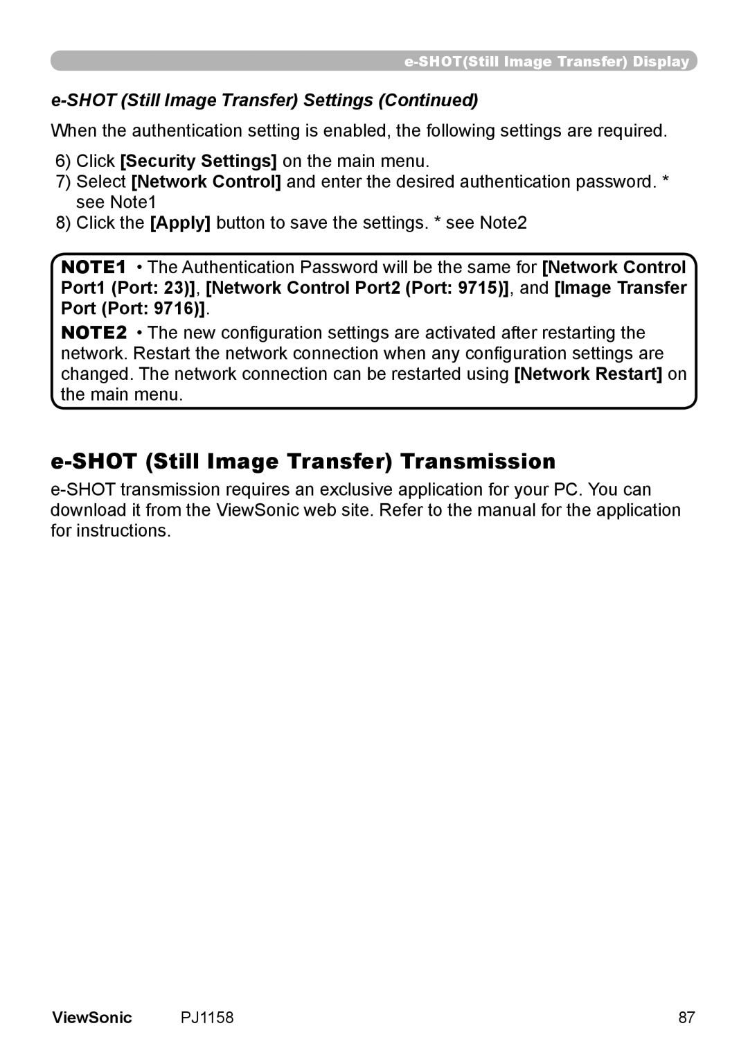 ViewSonic PJ1158 manual Shot Still Image Transfer Transmission, Shot Still Image Transfer Settings 