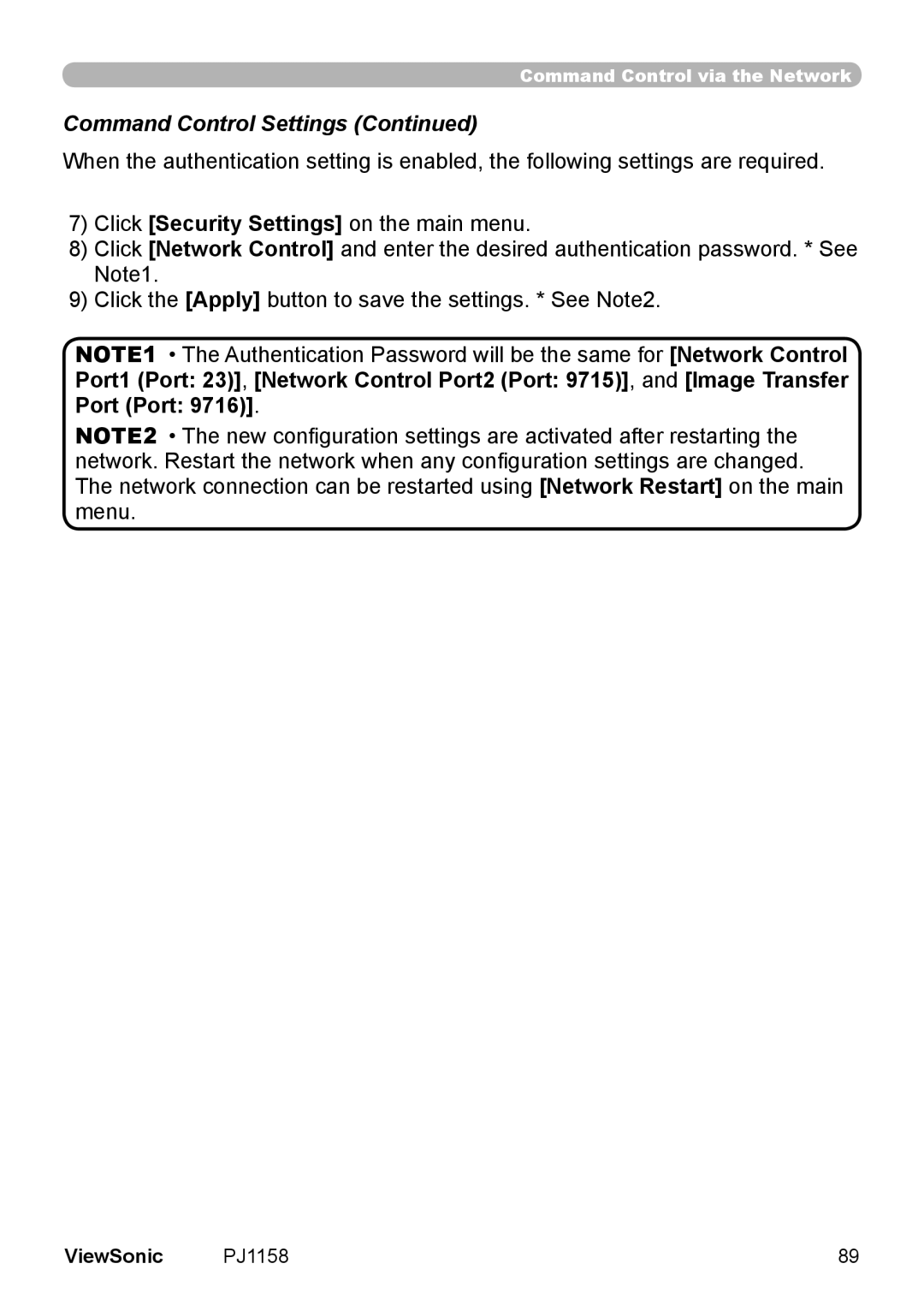 ViewSonic PJ1158 manual Command Control Settings 