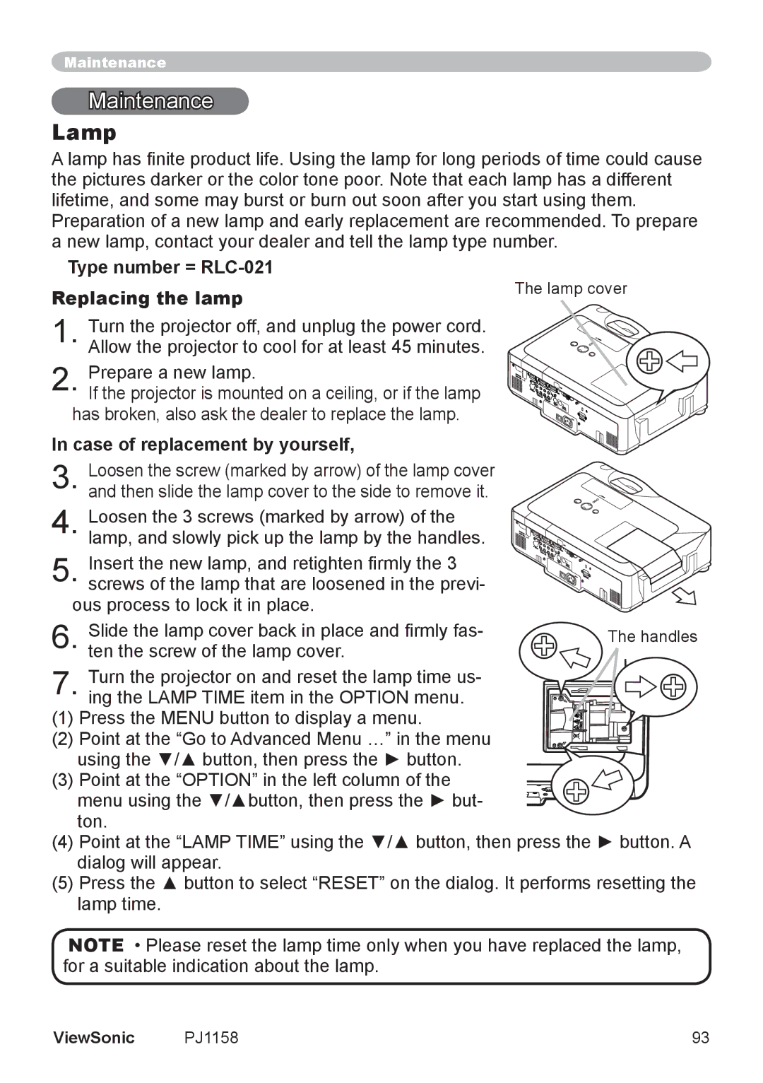 ViewSonic PJ1158 manual Maintenance, Lamp, Type number = RLC-021 Replacing the lamp, Case of replacement by yourself 