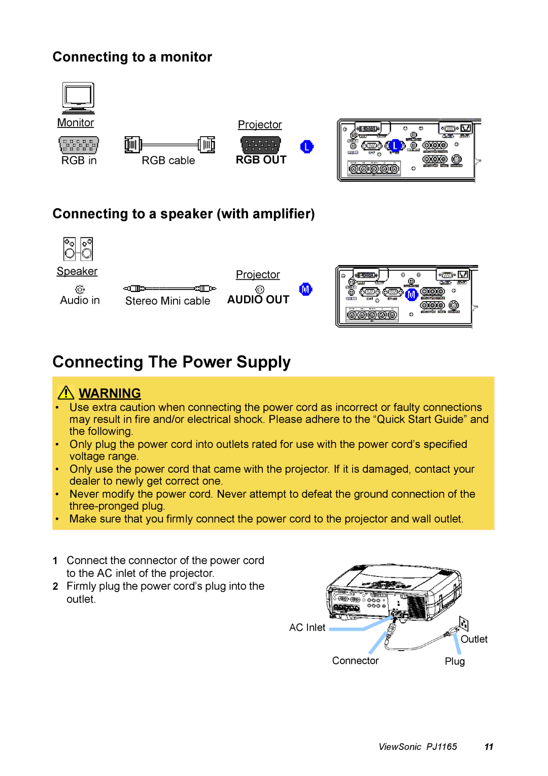 ViewSonic PJ1165 manual Connecting The Power Supply 