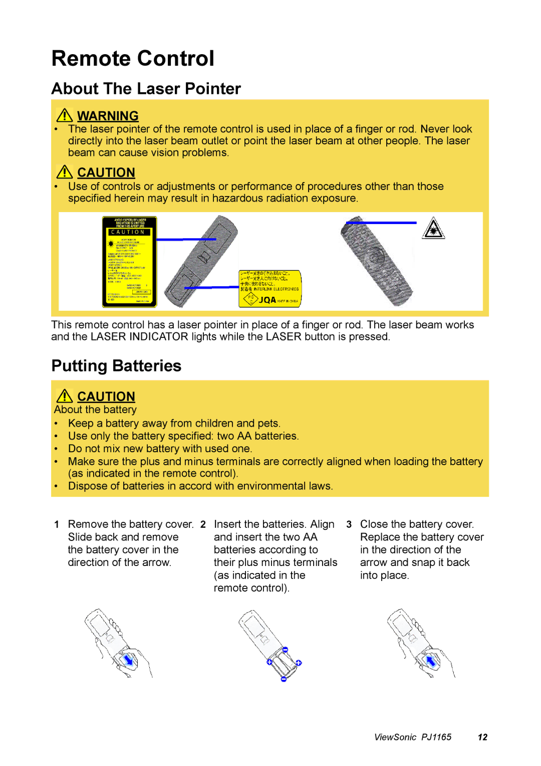 ViewSonic PJ1165 manual Remote Control, About The Laser Pointer, Putting Batteries 