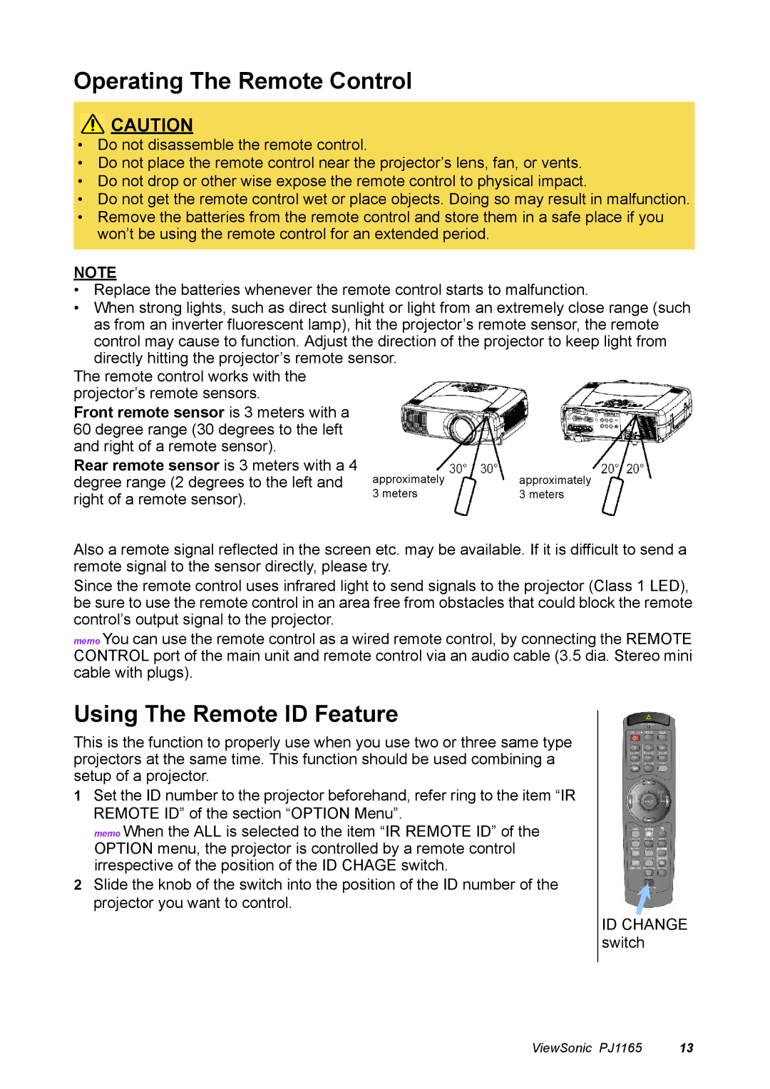 ViewSonic PJ1165 manual Operating The Remote Control, Using The Remote ID Feature, ID Change 