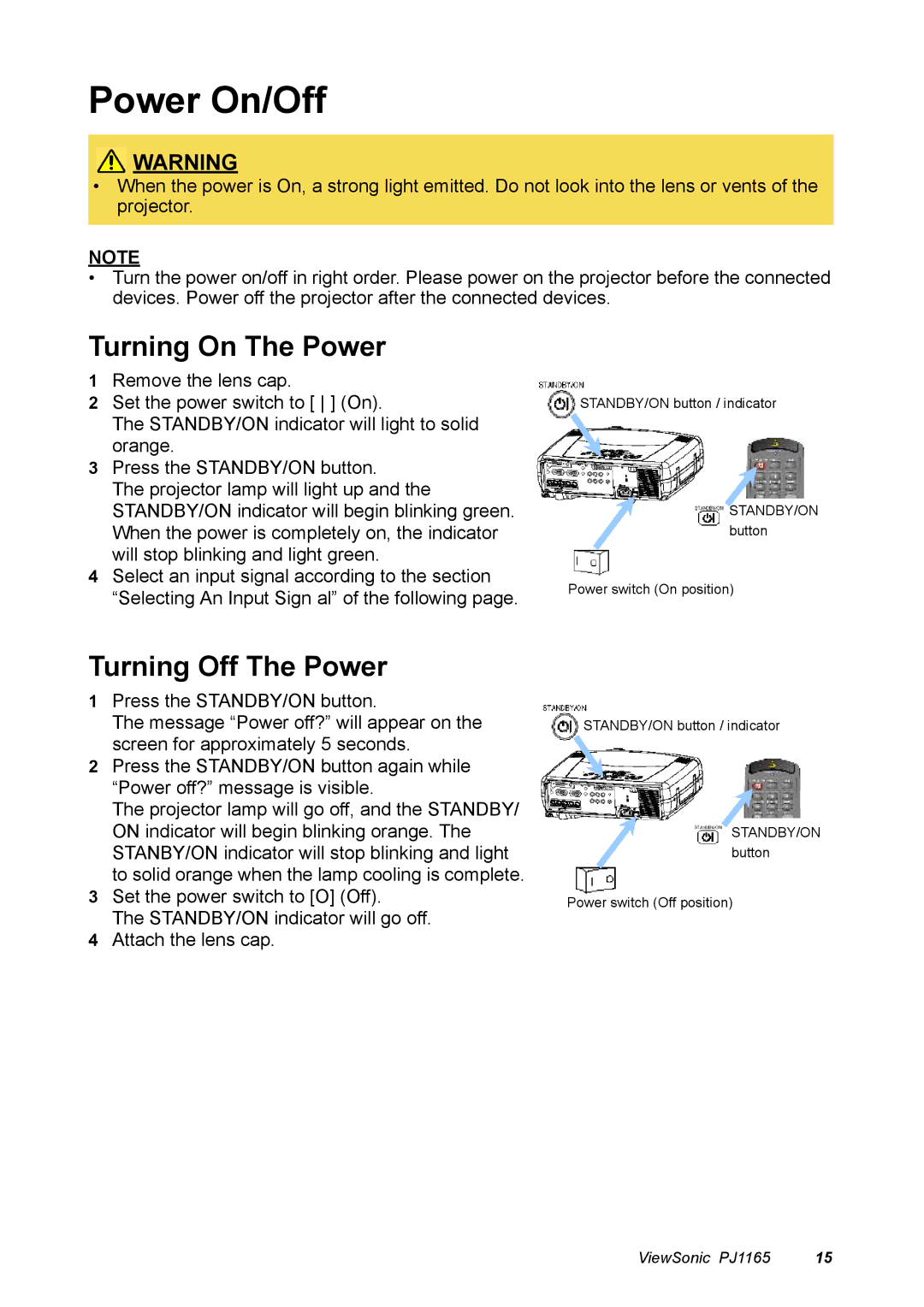 ViewSonic PJ1165 manual Power On/Off, Turning On The Power, Turning Off The Power 