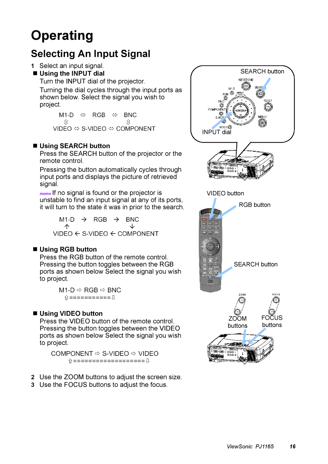 ViewSonic PJ1165 manual Operating, Selecting An Input Signal 