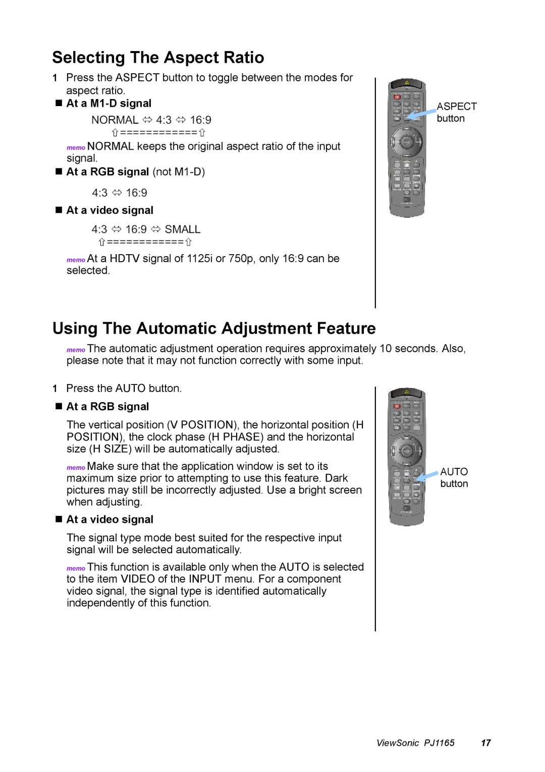 ViewSonic PJ1165 Selecting The Aspect Ratio, Using The Automatic Adjustment Feature, At a M1-D signal, At a RGB signal 