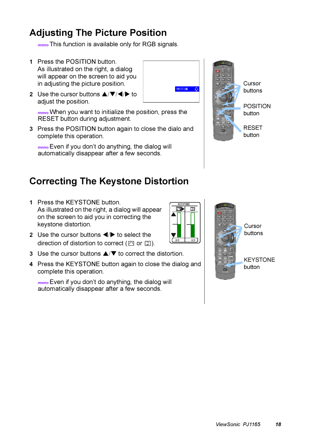 ViewSonic PJ1165 manual Adjusting The Picture Position, Correcting The Keystone Distortion 