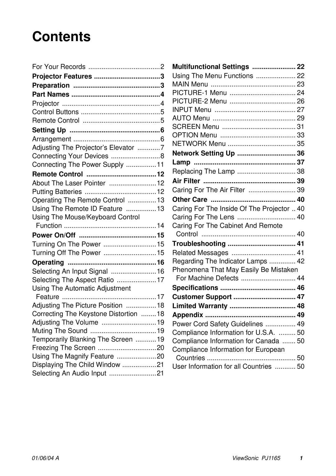 ViewSonic PJ1165 manual Contents 