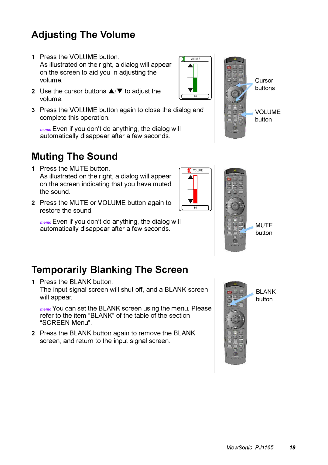 ViewSonic PJ1165 manual Adjusting The Volume, Muting The Sound, Temporarily Blanking The Screen 