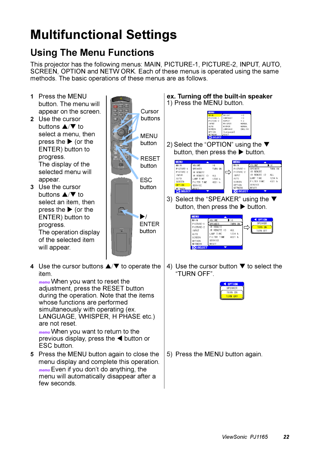 ViewSonic PJ1165 manual Multifunctional Settings, Using The Menu Functions, Ex. Turning off the built-in speaker 