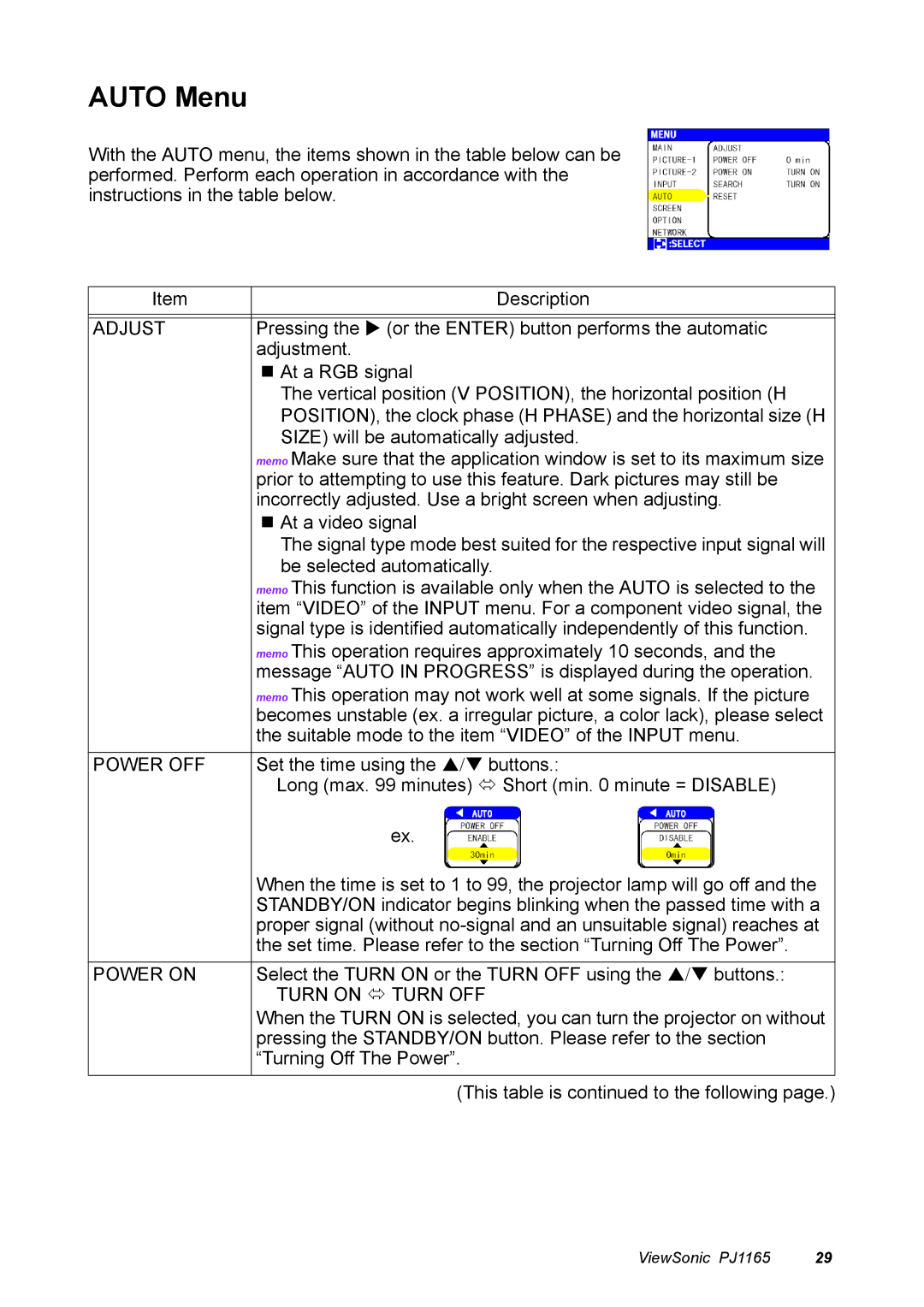 ViewSonic PJ1165 manual Auto Menu, Adjust, Power OFF, Power on 