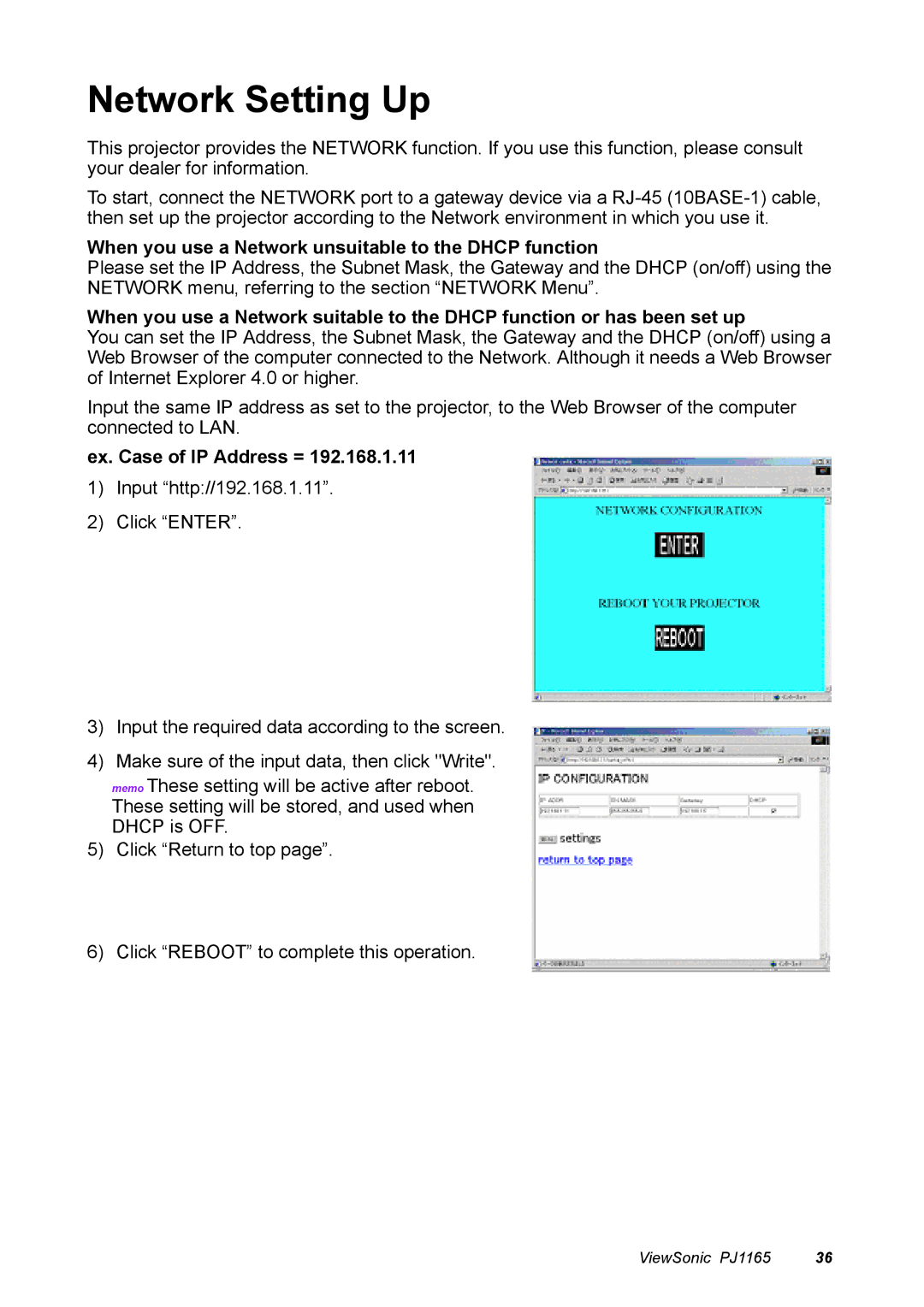 ViewSonic PJ1165 Network Setting Up, When you use a Network unsuitable to the Dhcp function, Ex. Case of IP Address = 